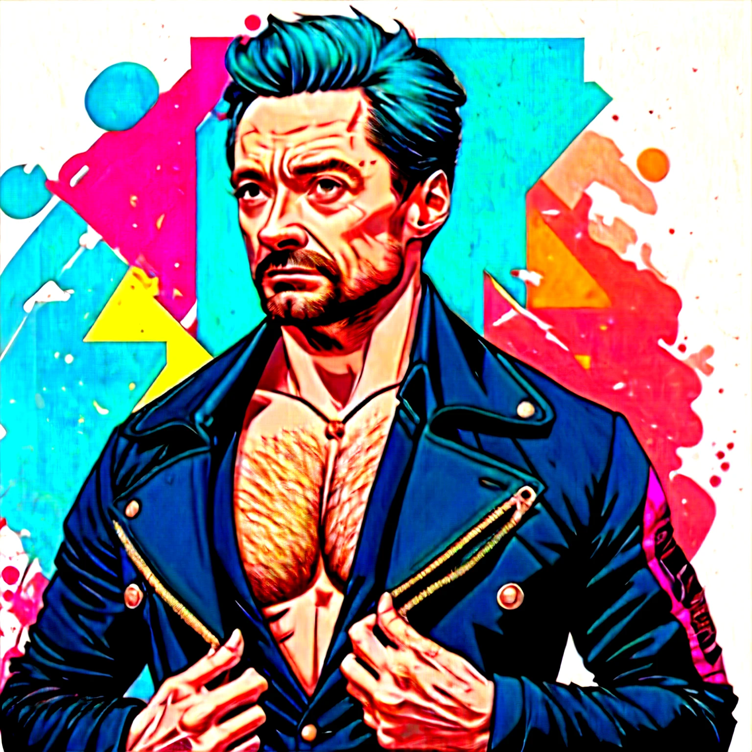 um close up de um desenho de um homem com uma jaqueta de couro, Epic portrait illustration, in illustration style digital, estilo de arte vetorial, inspirado em Clint Cearley, arte vetorial, desenho de estilo vetorial, arte vetorial limpa, fan art, Um retrato anime de David Bowie, Jim Carrey Caricatura Realismo, Arte vetorial HD, O Homem de Areia da Graphic Novel, retrato colorido detalhado