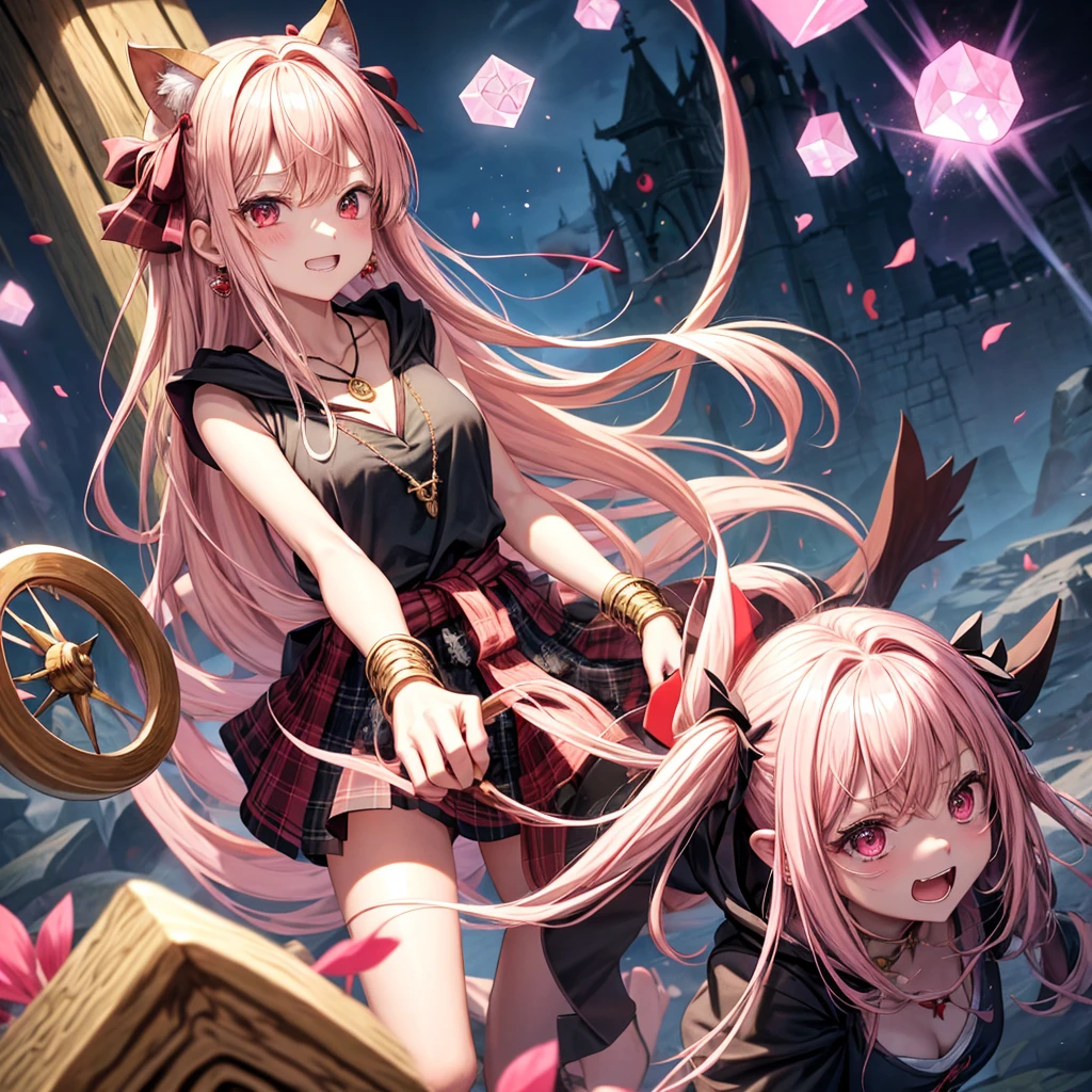 pink blonde、red eyes、one good looking girl、solo、anime、plaid mini skirt、black camisole、black t-shirt、dress、wearing a ribbon、ribbon at waist、cloak、hood、stone slabs are piled up、crystal earrings、monster castle、jewelry necklace、Light and shadow、walking、clock、universe、vine plant、petal、tilting one&#39;s face、teeth are visible、spiral stage、fire spirit、book of magic、Cube