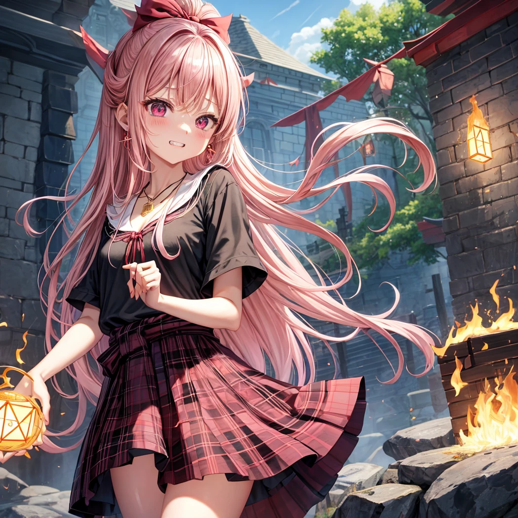 pink blonde、red eyes、one good looking girl、solo、anime、plaid mini skirt、black camisole、black t-shirt、dress、wearing a ribbon、ribbon at waist、cloak、hood、stone slabs are piled up、crystal earrings、monster castle、jewelry necklace、Light and shadow、walking、clock、universe、vine plant、petal、tilting one's face、teeth are visible、spiral stage、fire spirit、book of magic、Cube