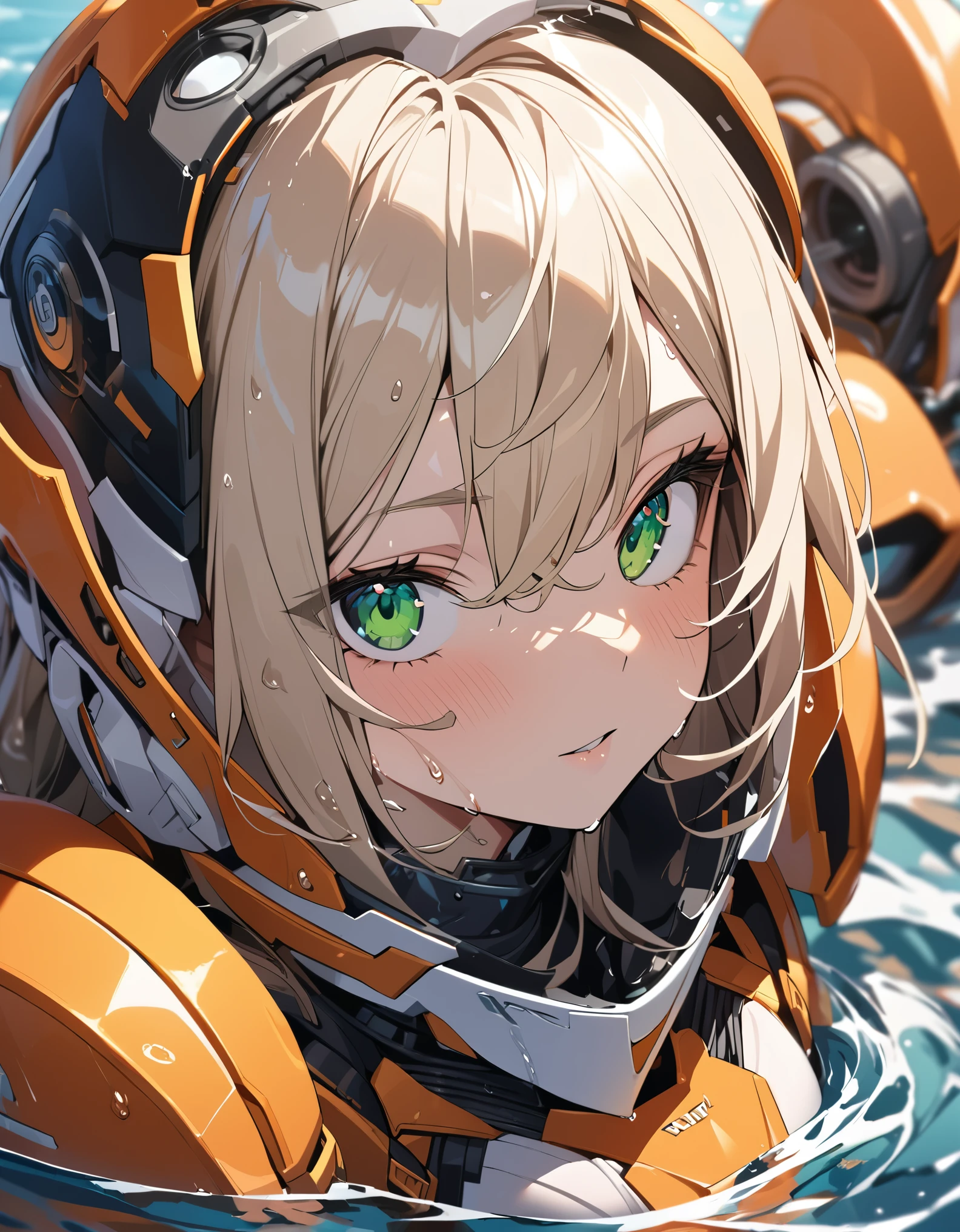 1girl,solo,Sala,original,full face helmet,face visible through helmet ,green eyes,orange heavy armor,white body suit,standing on the cliff,seaside background,looking at anther,depth of field,Science fiction,ultra-detailed,sharp focus,(best quality)