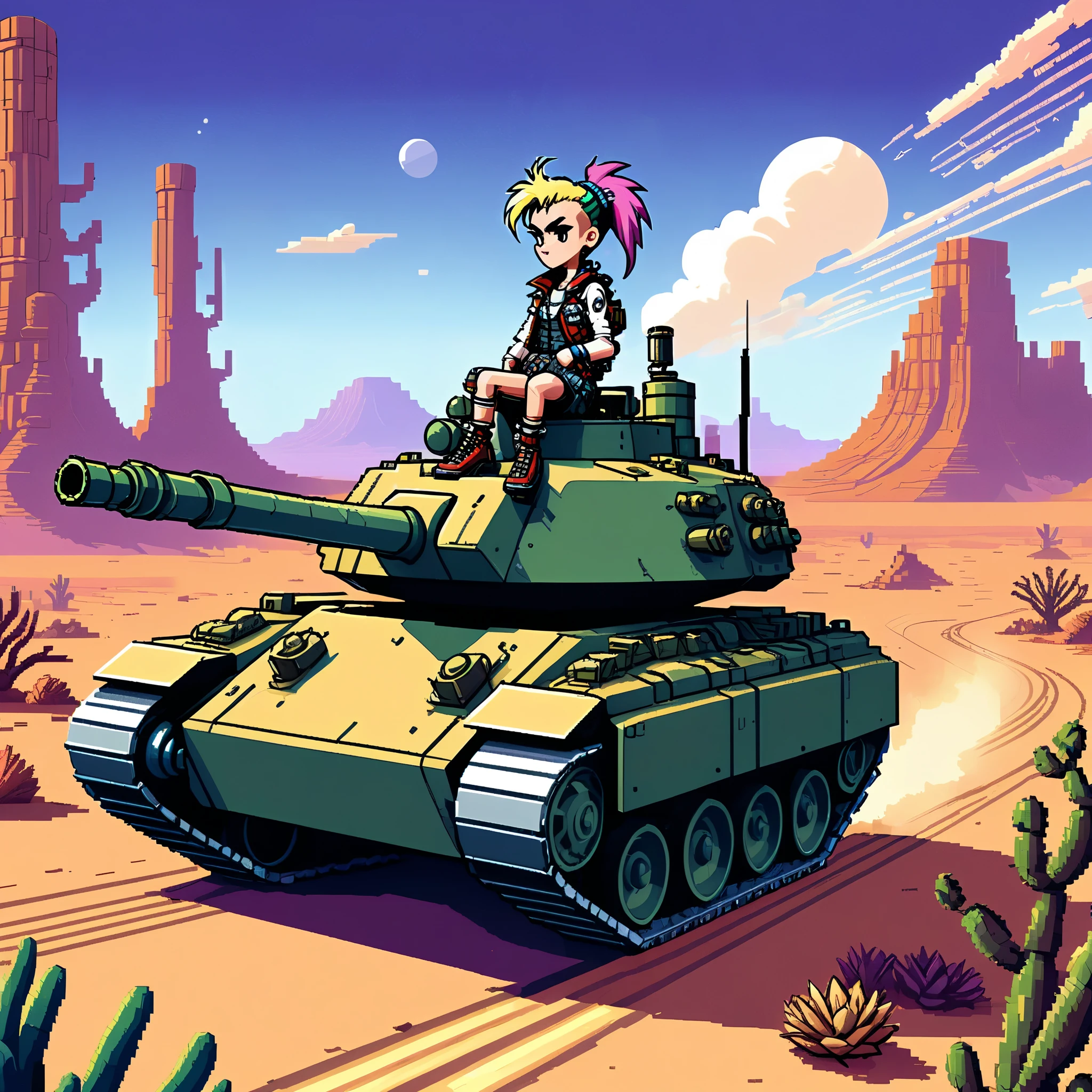 sega dreamcast graphics 2d pixel art videogame still screengrab, polygon low bit vintage classic arcade pixel art gameplay, tank girl, sitting atop an enormous steampunk tank, riding through a desert canyon towards the radiant dusk horizon nautical twilight, dutch angle, brite lite illumination, highly detailed, pixel art hand drawn style retro 2d pixel graphics.  (pixel art with comic influence of Tank Girl aesthetic)

