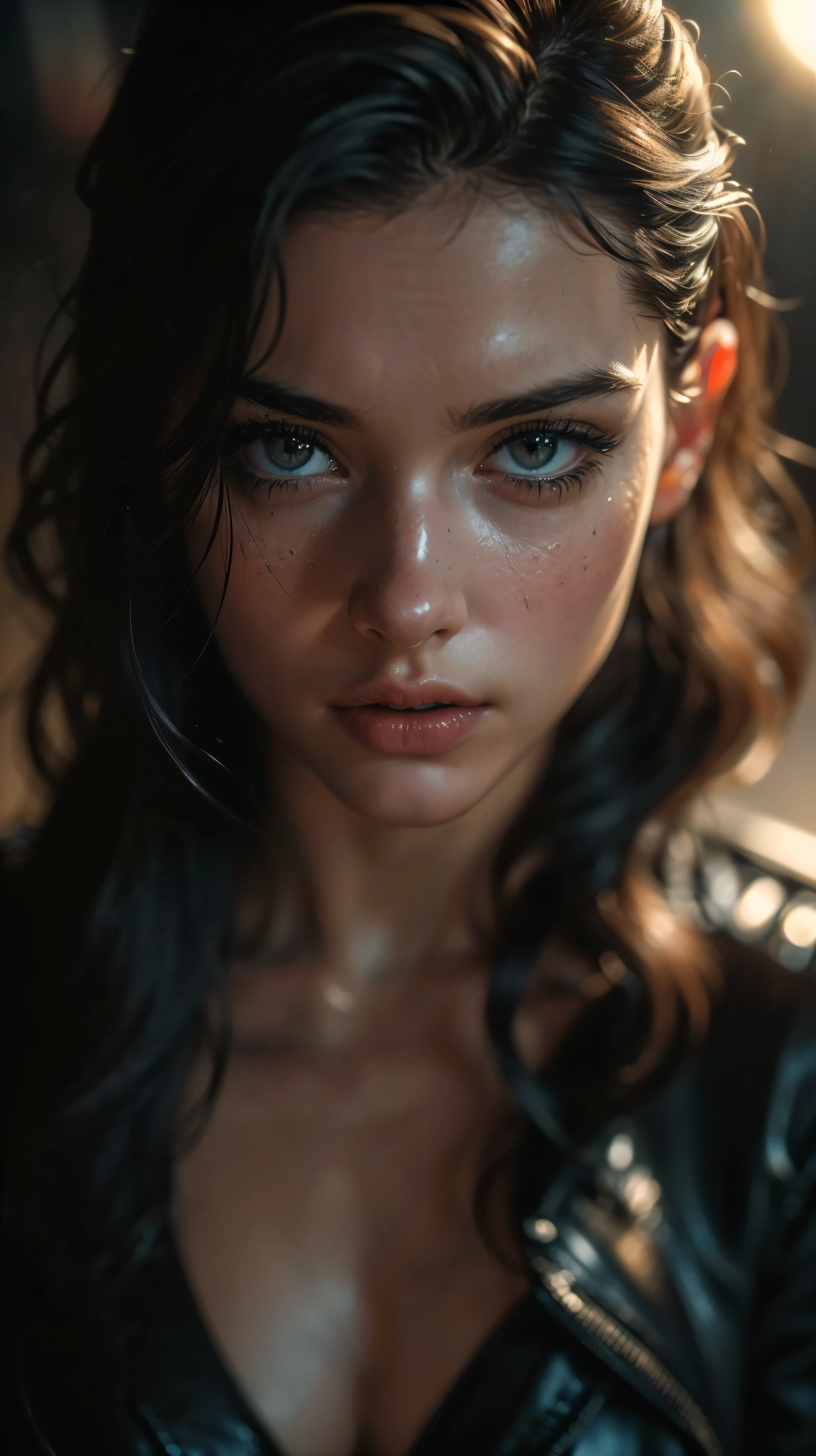 (((ultra realistic))) photo, chef-d'artwork, superior quality, (pale skin), (visage et yeux ultra detaileds:1.2), Yeux jaune vif, 1 fille, nu, (Maquillage pour les yeux, mascara), (Detailed and plump lips), ((dark wavy hair)) , ((Elegant hairstyle)) , (seins naturels). ((Posant)), Photo shoot, Studio (contour lighting), (The play of light and'ombres), profondeur de champ, Bokeh, (attention particulière aux détails de la peau: 1.2), detailed leather texture, pores de la peau. ((Ambiance sombre et lugubre du cadre. palette de couleurs - noir, gris, ash tones)), ((grain de film, effet vhs)), ((des rayons)) , ((to burst)), ((portrait, near the camera, vue d'en-haut)) , ultra detailed,