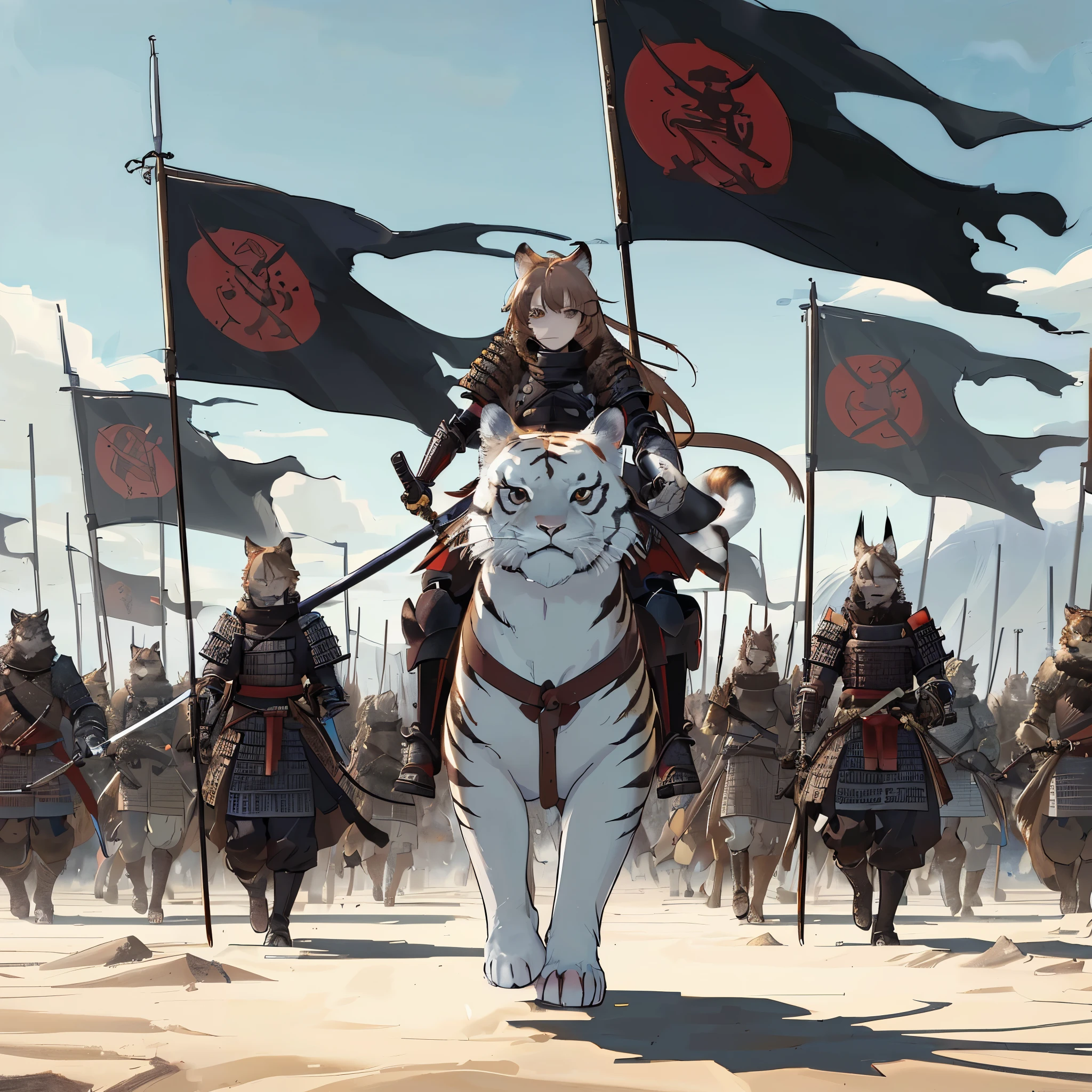 An army of anthropomorphic cats in kemono style, wearing samurai armor, in a large desert, carrying black flags with a minimalist red cat painting and swords, marching towards the camera on foot, organized in lines, with a highlighted female commander in the middle, riding on a white saber-toothed tiger, wearing heavy armor, with long brown hair with red streaks, light brown fur, epic scene, anime style, battle composition, widescreen.