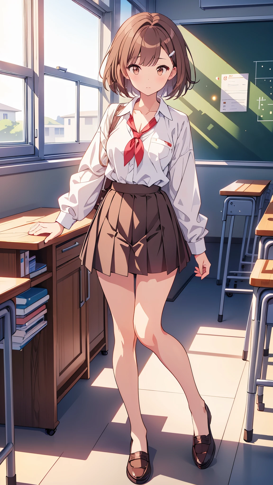 master piece, best quality person, superior_Mikoto, with brown eyes, short_hair, small_Breast augmentation, looking at the viewer, solo, closed_mouth, first round_shirt, School_uniform, shirt, turned white_shirt, , classroom　full body　