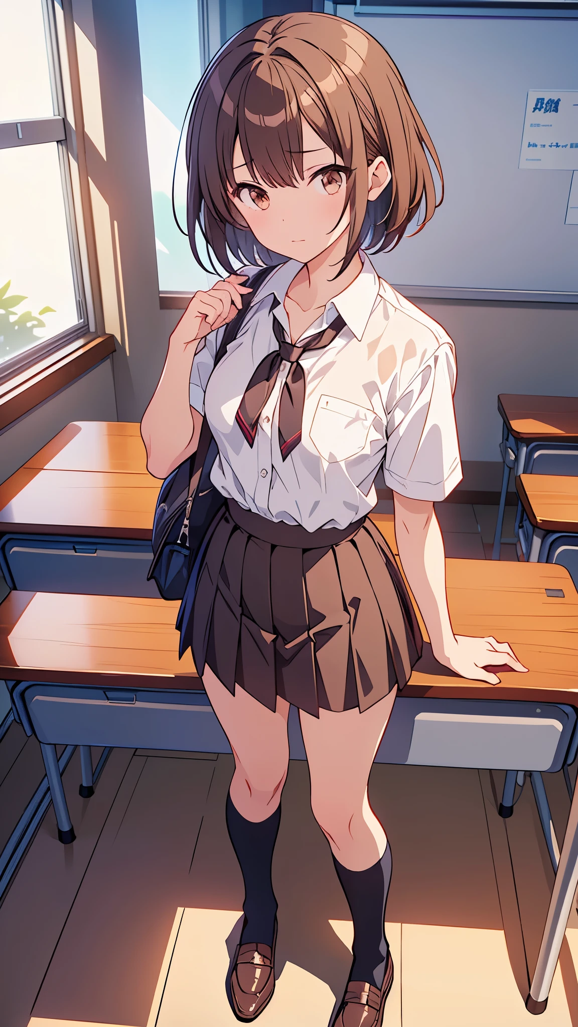 master piece, best quality person, superior_Mikoto, with brown eyes, short_hair, small_Breast augmentation, looking at the viewer, solo, closed_mouth, first round_shirt, School_uniform, shirt, turned white_shirt, , classroom　full body　