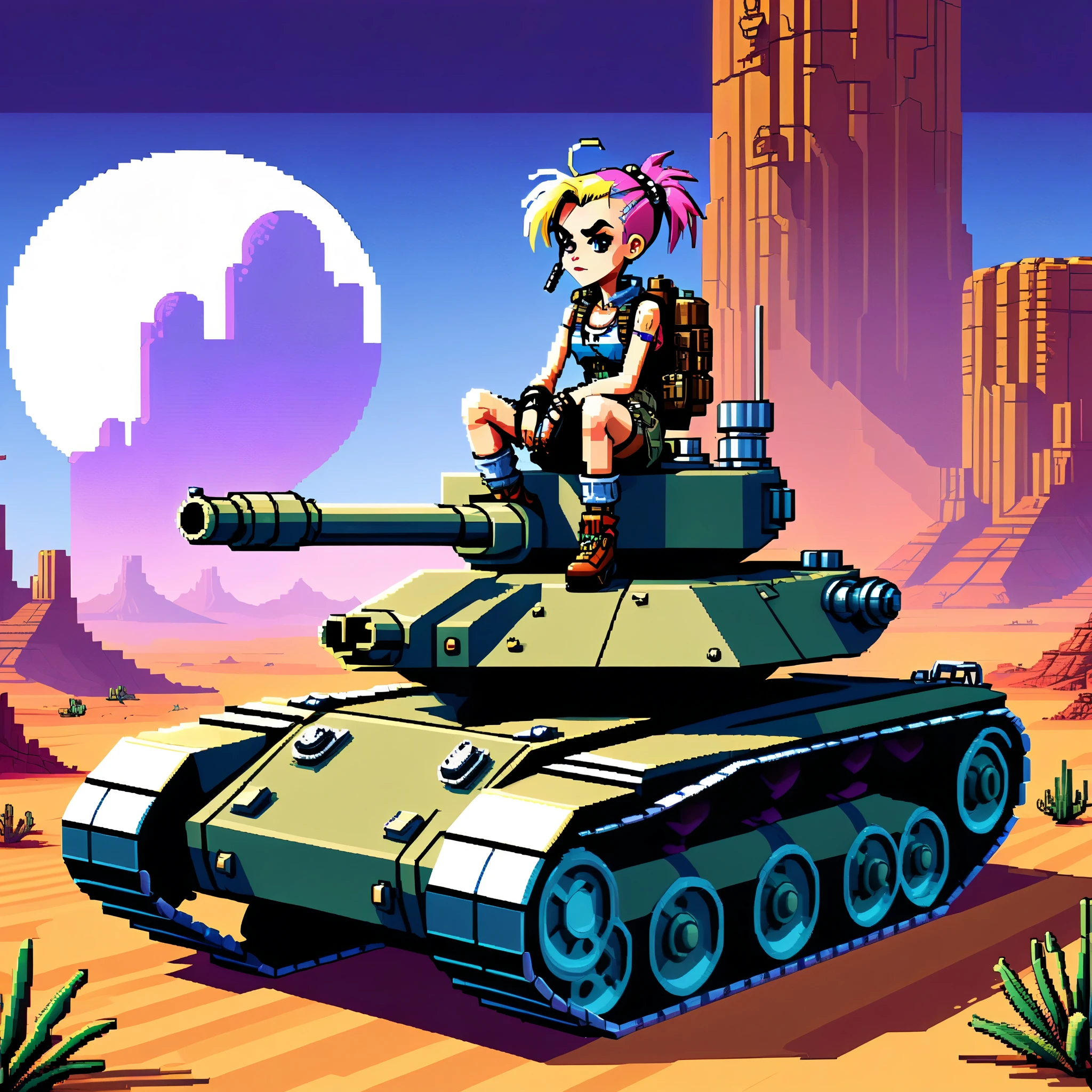 sega dreamcast graphics 2d pixel art videogame still screengrab, polygon low bit vintage classic arcade pixel art gameplay, tank girl, sitting atop an enormous steampunk tank, riding through a desert canyon towards the radiant dusk horizon nautical twilight, dutch angle, brite lite illumination, highly detailed, pixel art hand drawn style retro 2d pixel graphics. (pixel art with comic influence of Tank Girl aesthetic)