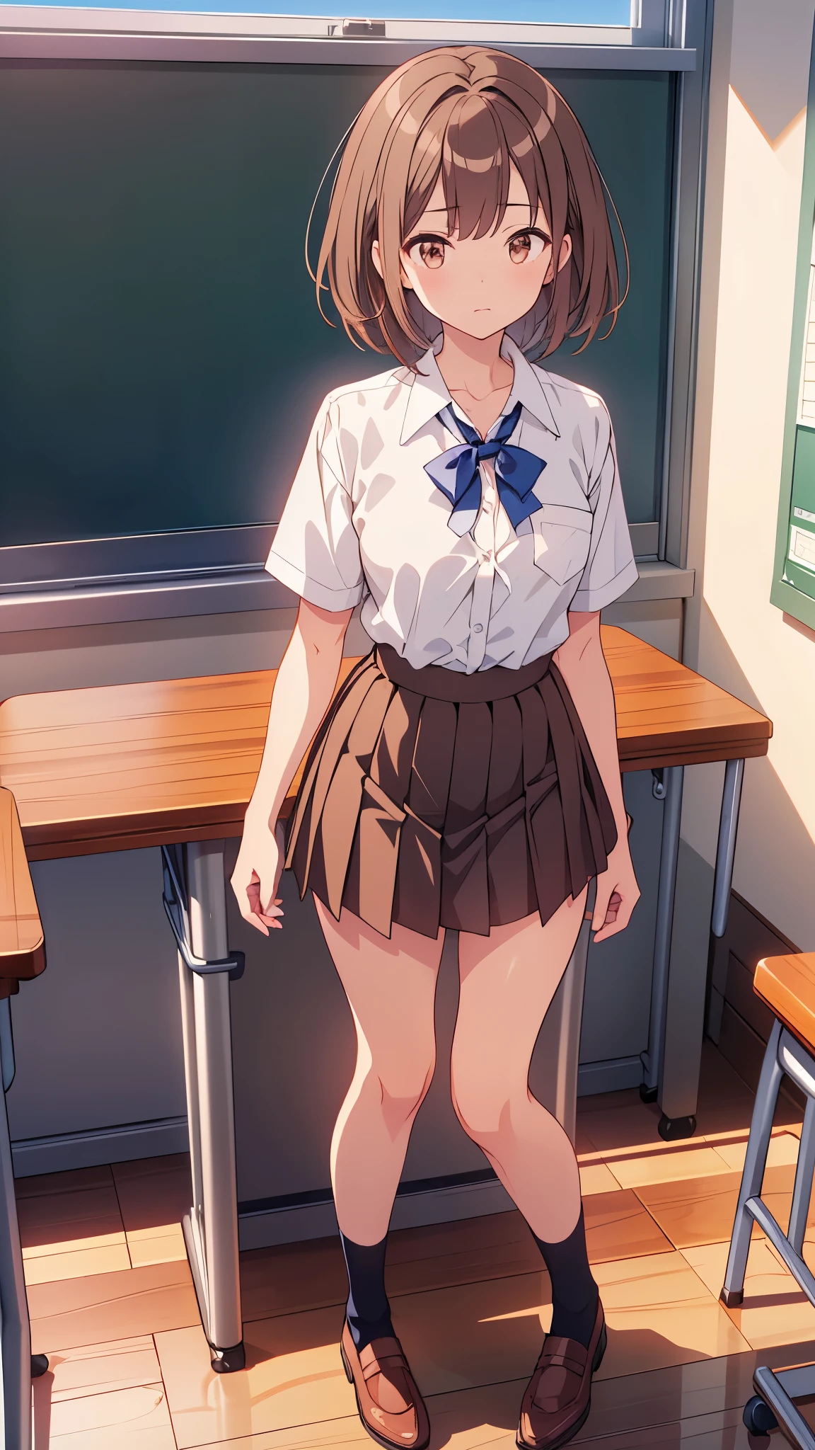 master piece, best quality person, superior_Mikoto, with brown eyes, short_hair, small_Breast augmentation, looking at the viewer, solo, closed_mouth, first round_shirt, School_uniform, shirt, turned white_shirt, , classroom　full body　