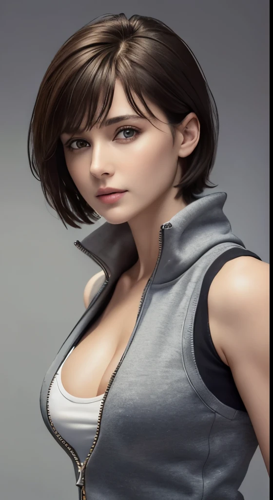 (masterpiece, highest quality, photorealistic, High resolution, photograph, :1.3), very close up shot, sharp focus, 30 year old mature woman、hot models, Highly detailed eyes and pupils, realistic skin, slim body shape, cleavage, short cut hair、dark brown hair、 delicate and sexy face, sensual gaze, glossy lips, ((wearing a zip tank top sweatshirt))、small breasts、bust B cup、((realistic, super realistic, realism, realistic detail))、Gray background