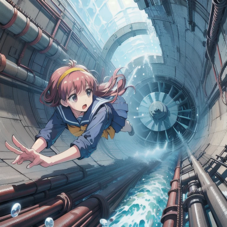 fujisaki shiori, yellow hairband, school uniform, serafuku, long sleeves, pleated skirt, (((electric turbin,industrial pipe,fan,swimming,air bubble,underwater))),
