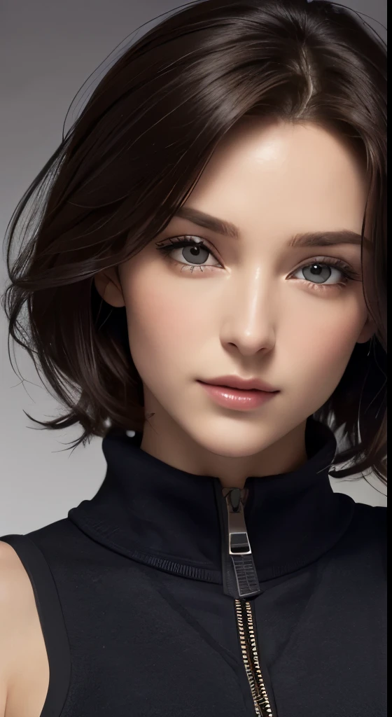 (masterpiece, highest quality, photorealistic, High resolution, photograph, :1.3), very close up shot, sharp focus, 30 year old mature woman、hot models, Highly detailed eyes and pupils, realistic skin, slim body shape, cleavage, short cut hair、dark brown hair、 delicate and sexy face, sensual gaze, glossy lips, ((wearing a zip tank top sweatshirt))、small breasts、bust B cup、((realistic, super realistic, realism, realistic detail))、Gray background