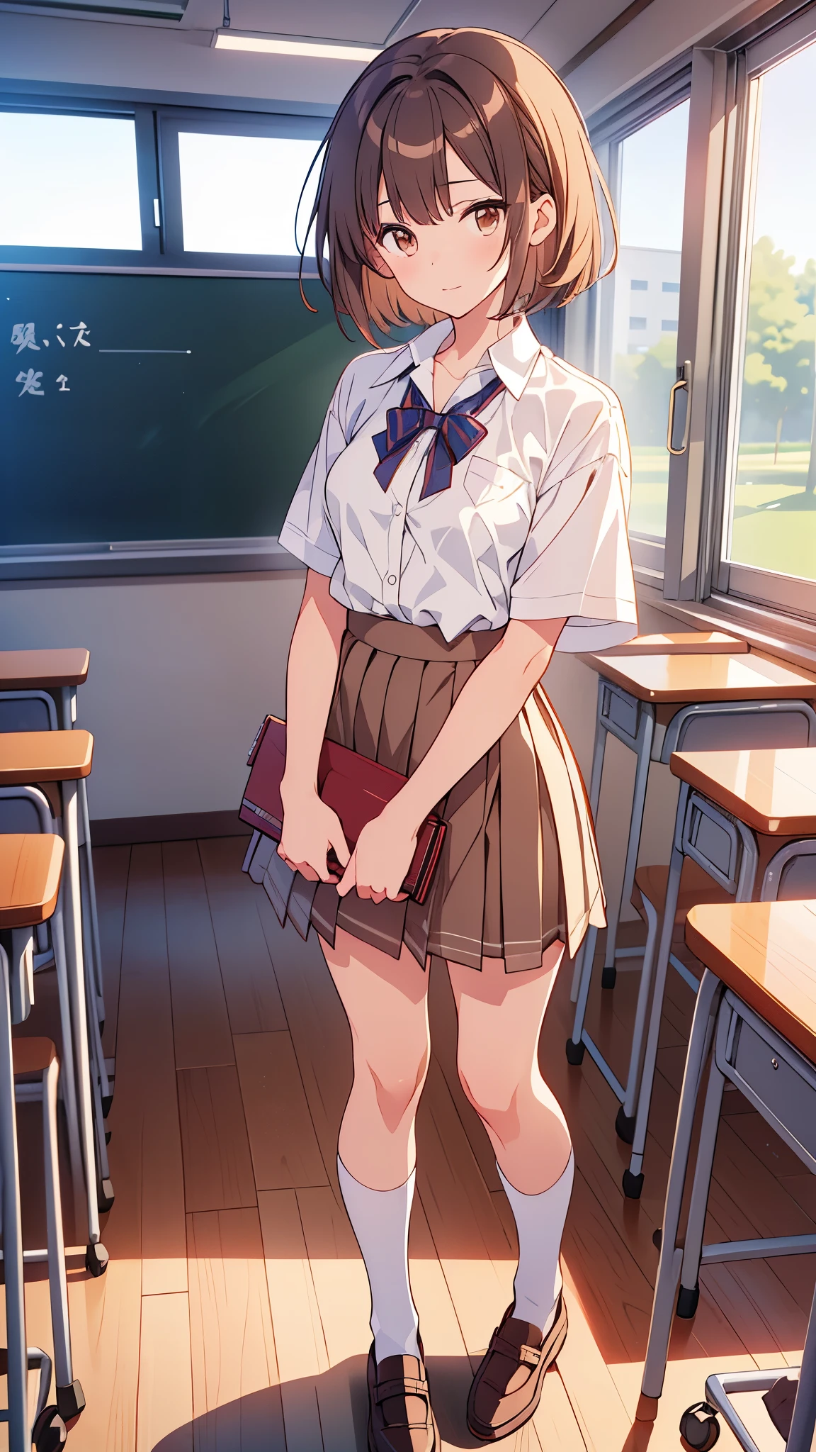 master piece, best quality person, superior_Mikoto, with brown eyes, short_hair, small_Breast augmentation, looking at the viewer, solo, closed_mouth, first round_shirt, School_uniform, shirt, turned white_shirt, , classroom full body