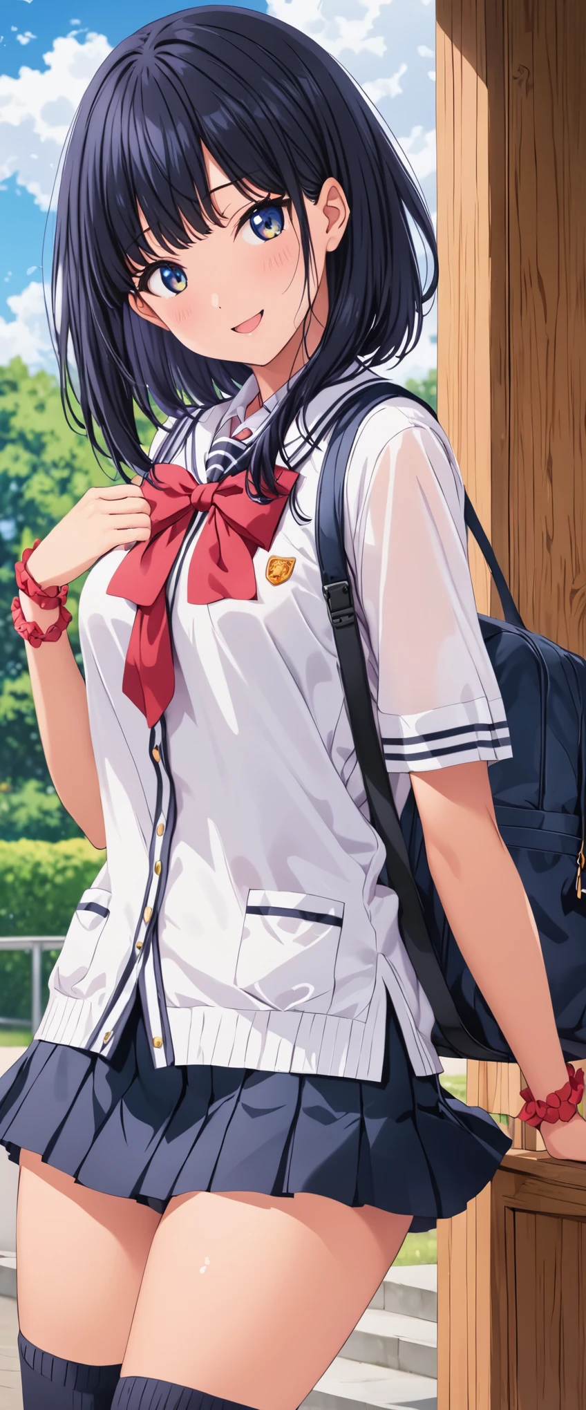 woman,20-year-old,School,noon,(((miniskirt school uniform))),,open mouth smile((knee high socks))(See-through),(big butt),((black hair)),blush、surprised face,((turn around and look back))(wet with water)I can see your panties
