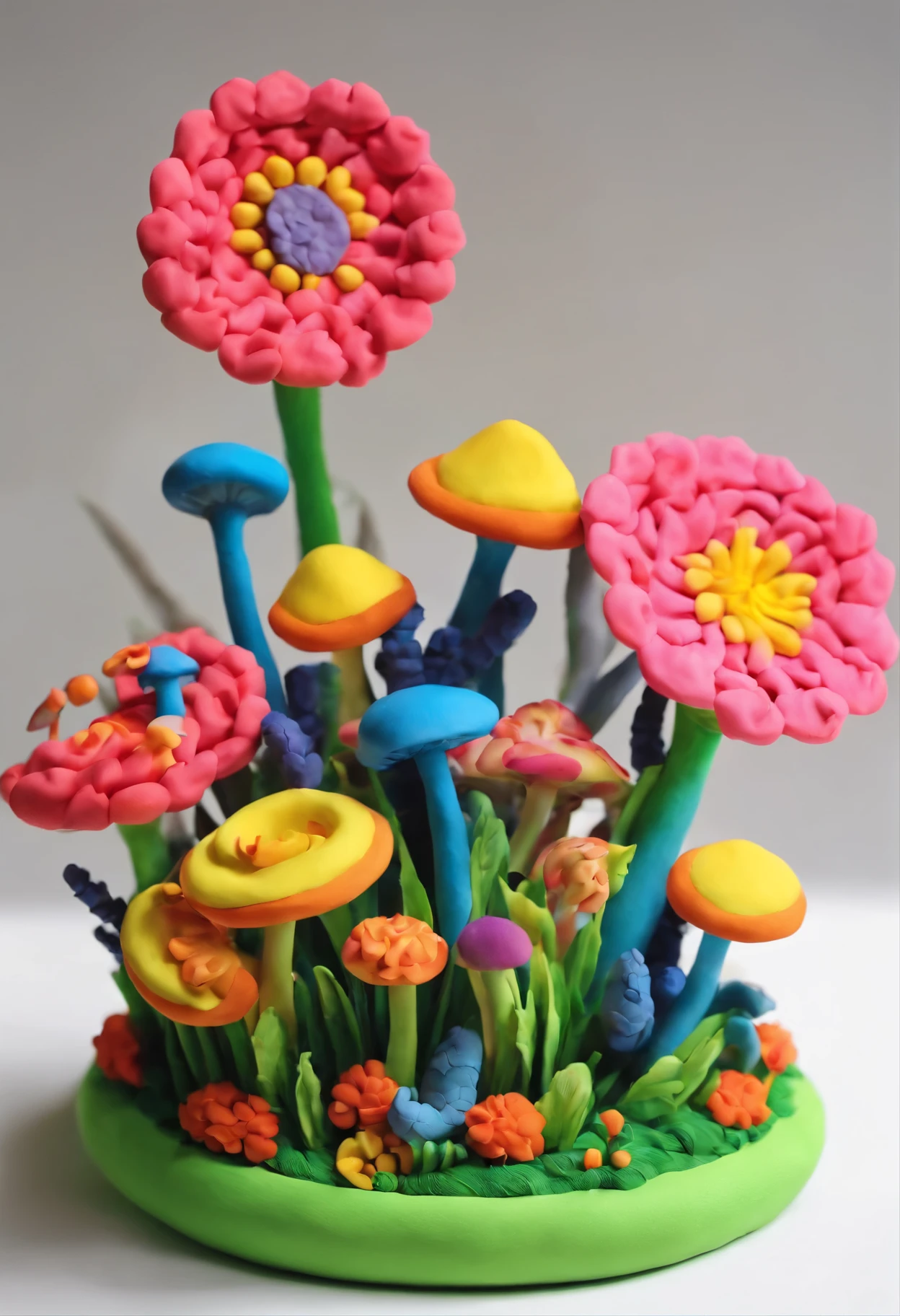A bouquet of flowers and a group of mushrooms in a round base representing grass