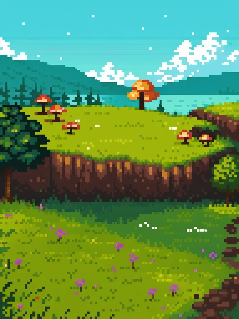 pixel art:1.5, landscape, with mushrooms, flowers, mountains, beautiful, intricate, high quality masterpiece