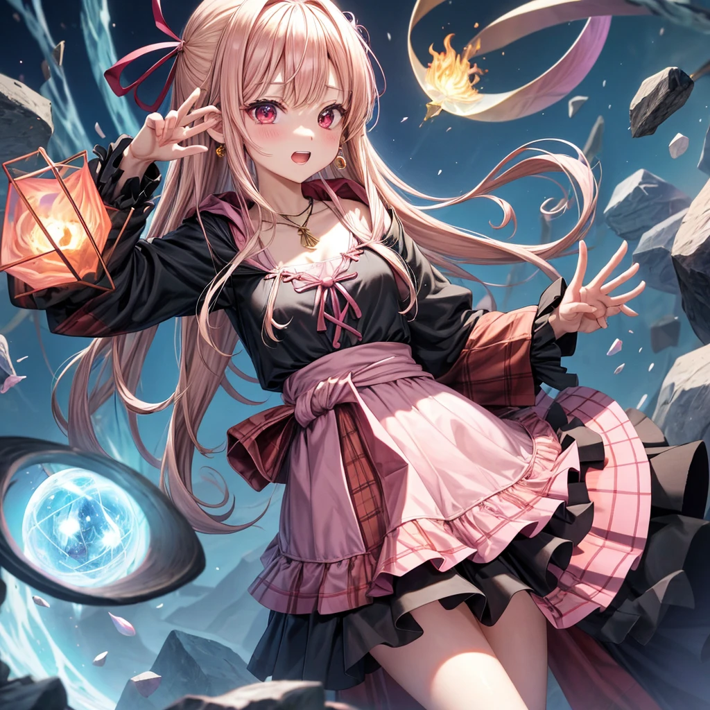 pink blonde、red eyes、one good looking girl、solo、anime、plaid mini skirt、black camisole、black t-shirt、dress、wearing a ribbon、ribbon at waist、cloak、hood、stone slabs are piled up、crystal earrings、monster castle、jewelry necklace、Light and shadow、walking、clock、universe、vine plant、petal、tilting one's face、teeth are visible、spiral stage、fire spirit、book of magic、Cube