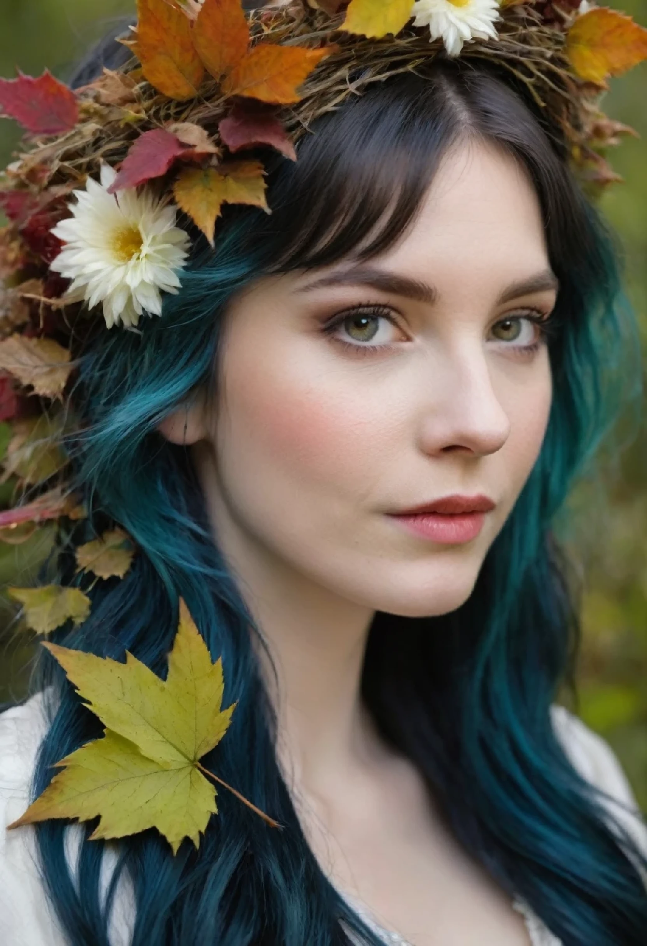 (photo du visage), chef-d'Ouvrages d'art, best quality, ((medieval)), (By the way'INTERIOR D'a flowery forest), Clair de lune, CASSER
((vêtements faits de feuilles)), Couronne de fleurs, ((druide)), (fantaisie), Vignes, fleurs, ((ne portant que des feuilles, Vignes, and fleurs)), CASSER
colorful leaves and fleurs growing from hair, Donjons et dragons, CASSER
long hair, (Cheveux raides), pale skin, peau claire, peau blanche, gros seins, CASSER
