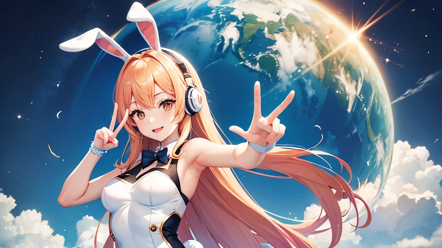 It depicts a real person and an anime-style character posing together.。human women are、Wearing headphones with rabbit ears、wearing a bunny girl costume。She is happily doing the peace sign.、Looks very bright。Next to it is、There is an animated rabbit character、He also takes the same pose as a human woman.。With blue sky in the background、You can see a golden sphere that looks like it&#39;s flying.。Overall、This image creates a fun and lively atmosphere.、presents a visually appealing contrast。






