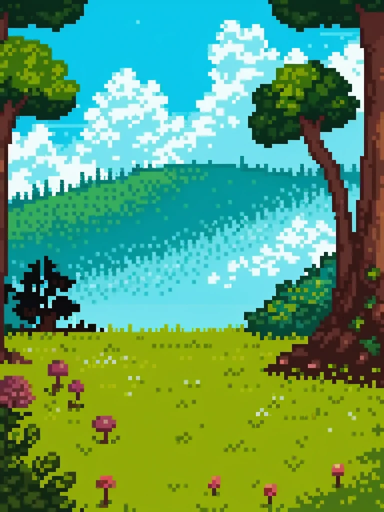 pixel art:1.5, landscape, with mushrooms, flowers, mountains, beautiful, intricate, high quality masterpiece