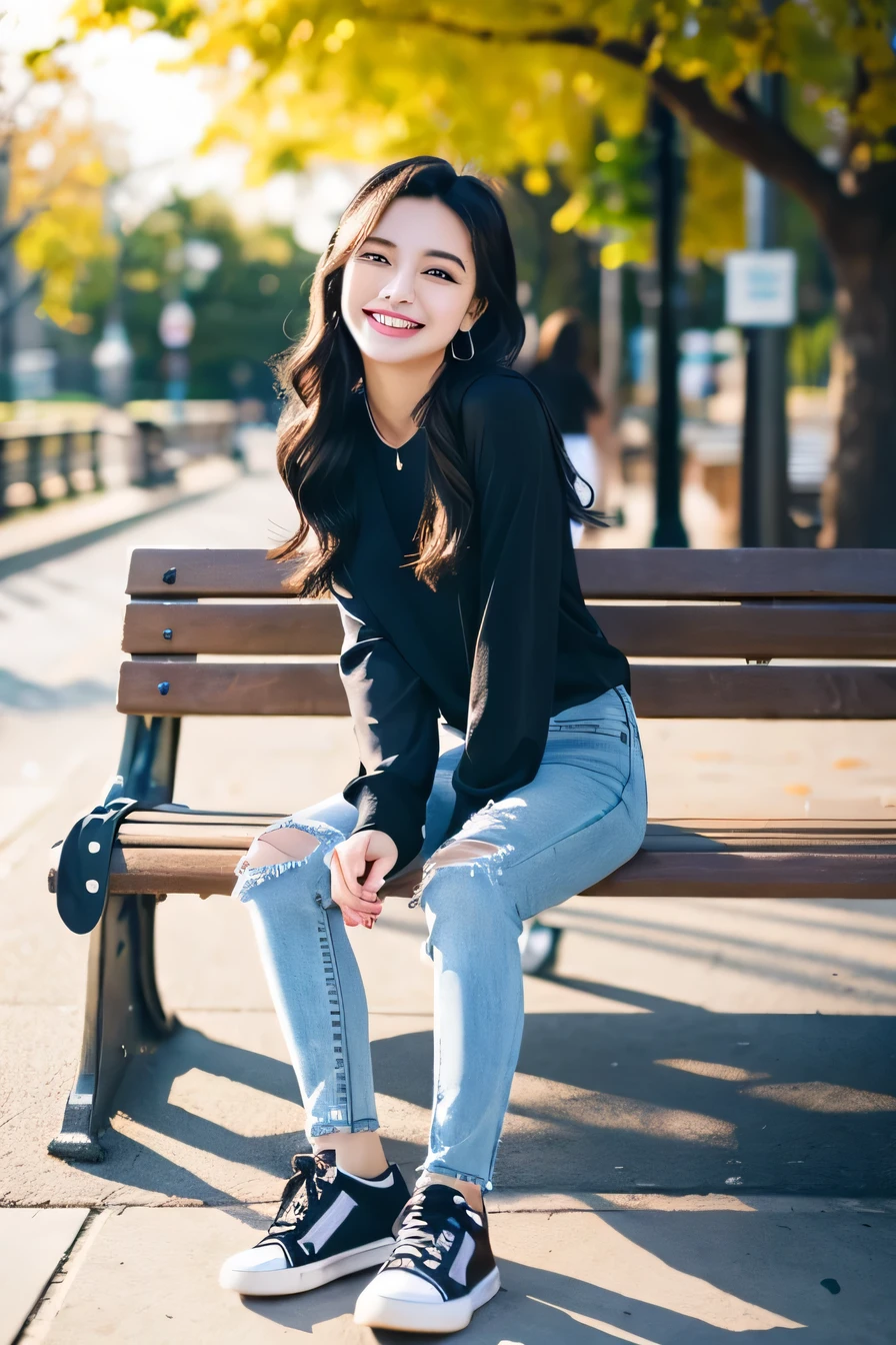 highest quality)), ((masterpiece)), (get used to it), perfect face、((highest quality)), A neat and beautiful woman sitting on a park bench、long sleeve blouse、skinny denim、sneakers、black hair、smile、smile showing teeth、full body photo、ear piercing
