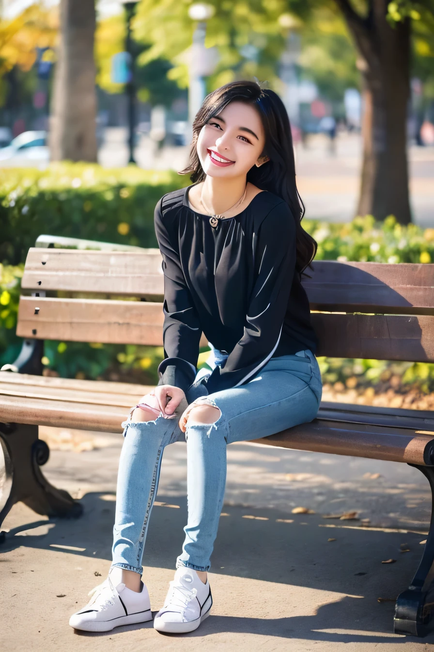 ((highest quality)), ((masterpiece)), (get used to it), perfect face、((highest quality)), A neat and beautiful woman sitting on a park bench、long sleeve blouse、skinny denim、sneakers、black hair、smile、smile showing teeth、full body photo、ear piercing