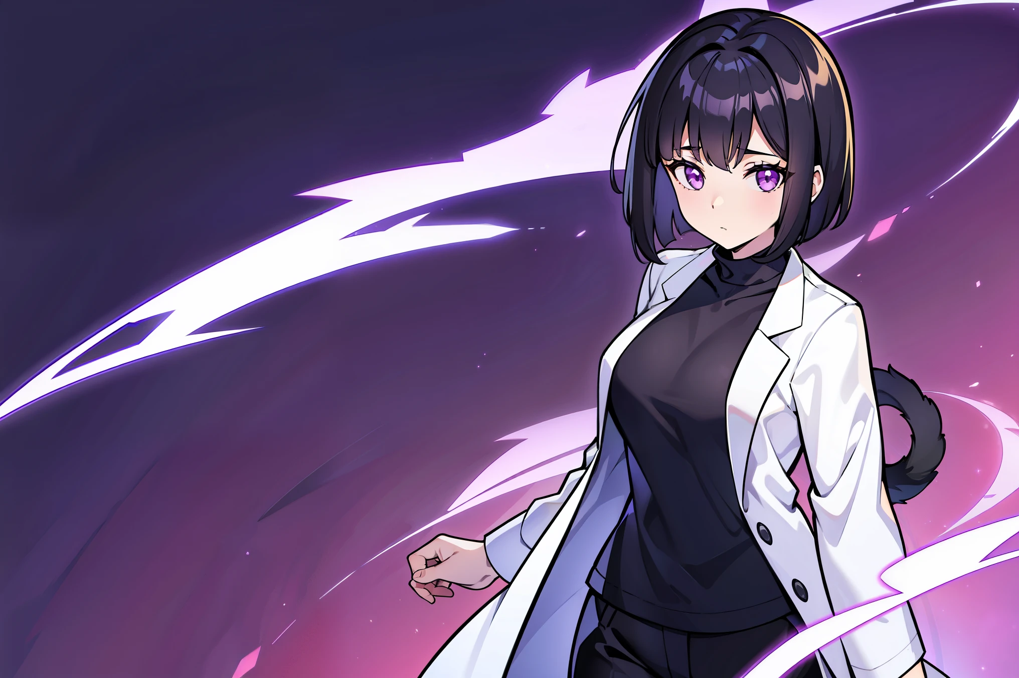 ((female)), solo, purple eyes, black hair, straight hair, short hair, monkey tail, (((white lab coat))), black pants, (labatory background), standing, fullbody, up close, Very good figure, extremely detailed, cinematic lighting, volume lighting, masterpiece, best quality