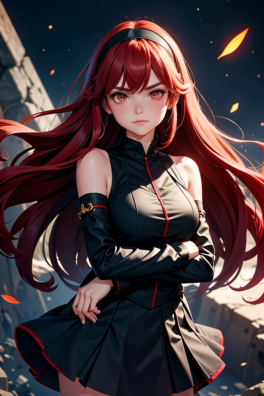 eris greyrat, 1girl, solo, long hair, ahoge, red eyes, red hair, bare shoulders,hairband, crossed arms,blush, skirt, black hairband, breasts, detached sleeves,bangs, hair between eyes, long sleeves, hair flaps, closed mouth, black skirt, brown skirt, shirt, crossed bangs, very long hair, white shirt,biwm,pointing at self,shouting,angry, 