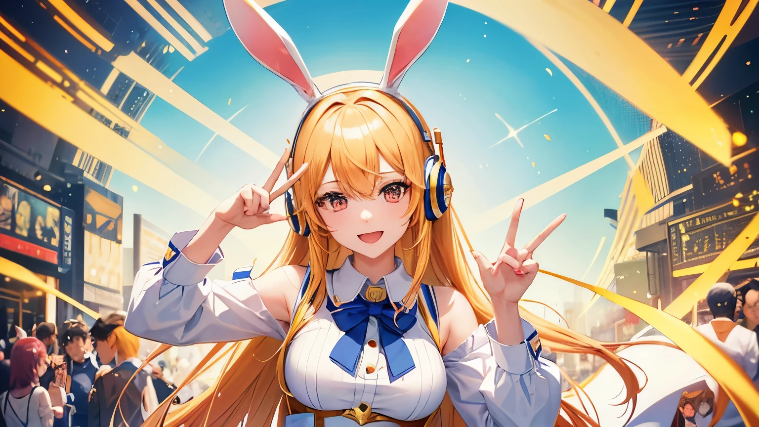 It depicts a real person and an anime-style character posing together.。human women are、Wearing headphones with rabbit ears、wearing a bunny girl costume。She is happily doing the peace sign.、Looks very bright。Next to it is、There is an animated rabbit character、He also takes the same pose as a human woman.。With blue sky in the background、You can see a golden sphere that looks like it's flying.。Overall、This image creates a fun and lively atmosphere.、presents a visually appealing contrast。