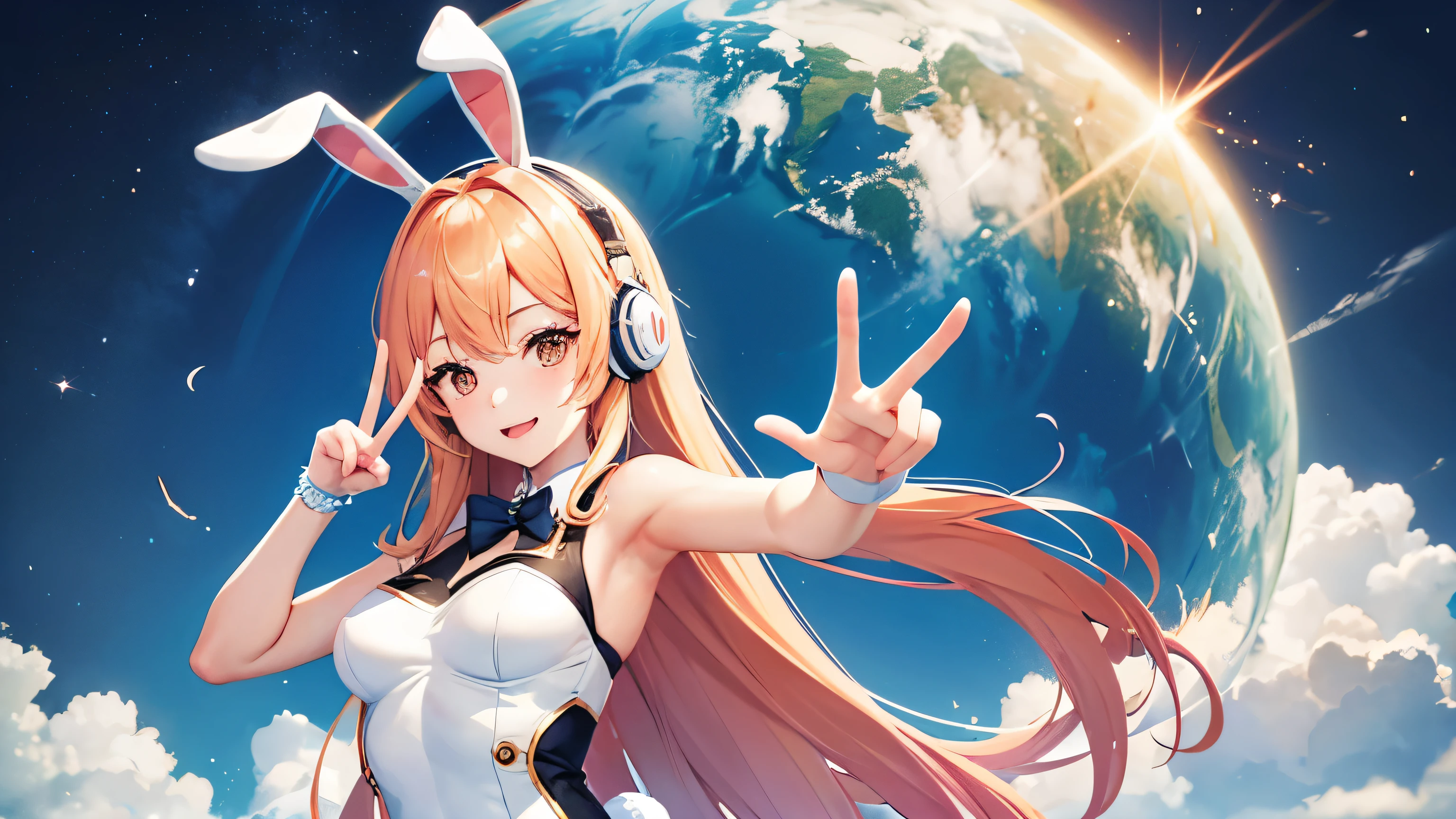 It depicts real people and anime-style characters posing together..。human women are、Wearing headphones with rabbit ears、wearing a bunny girl costume。She is happily doing the peace sign.、looks very bright。Next to it、There is a rabbit animation character、He also takes the same pose as a human woman..。against the blue sky、You can see a golden sphere that looks like that.'flying.。whole、This image creates a fun and lively atmosphere.、Creates a visually appealing contrast。