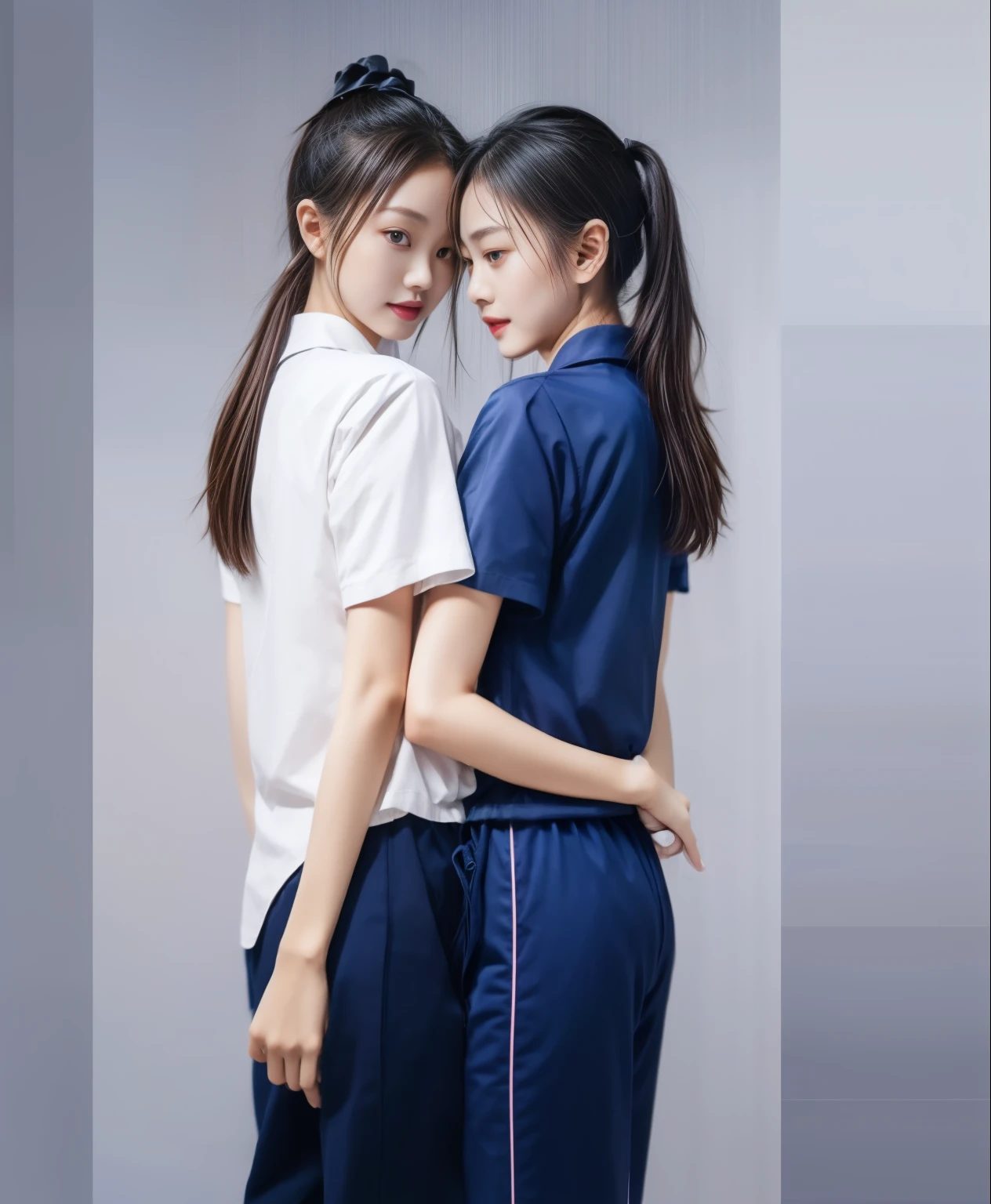 (best quality,10,10,height,Masterpiece:1.2),Special details,(realistic,ภาพrealistic,Realistic photos:1.37),1 Cute girl in the kitchen,shiny, ผิวshiny,only,smile softly,BDclothelue shirt:1.3)),short sleeve,shirt, กางเกงขาlong.,(navy_long_track pants:1.1), ((Kitchen Background)),Dynamic angle,excited,Face focus,dynamic poses,from behind,focus on ass,Masterpiece, best quality, ultra realistic, Too many details, 8k resolution, raw photos, Sharp focus, ((Navy blue shirt:1.1)), short sleeve, เส้นทางlong, perfect body, 2 mature women, 18 years old, Cinema-grade lighting system,blue sweatpants,shirtผ้าออกกำลังกาย,correct anatomy,perfect body, correct body, Sharp face, correct bodyทางกายวิภาค, full body, realistic gestures, long-haired, realistic poses,Wear long shorts...........................,ช่วงขาlong,Good shape,carved girl, Slender figure, model, Good shape, beautiful body,blue sweatpants, two girls kissing