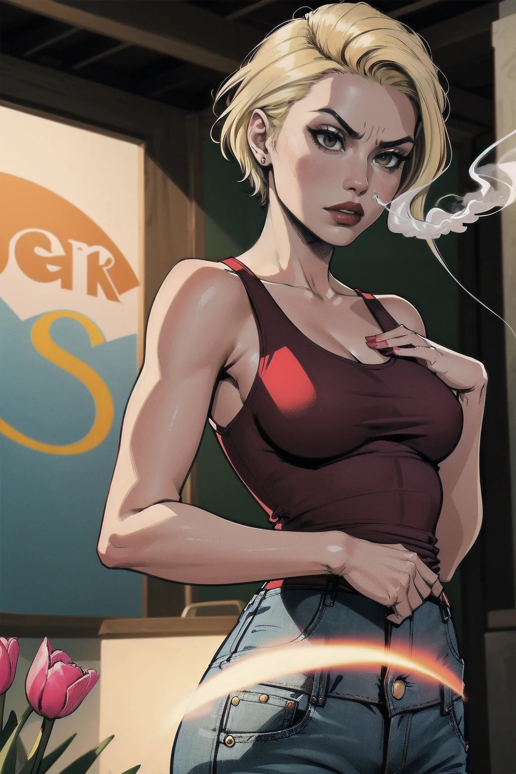 a woman with short blond hair, hair on shoulders,  wearing a red tank top, small breasts  and jeans, brown  eyes, wife of preacher, tulip ohare, toon aesthetic, wearing red lipstick,  look like tulip ohare (comics) (preacher) (vertigo), smoking, serious face,  upper body, looking ahead