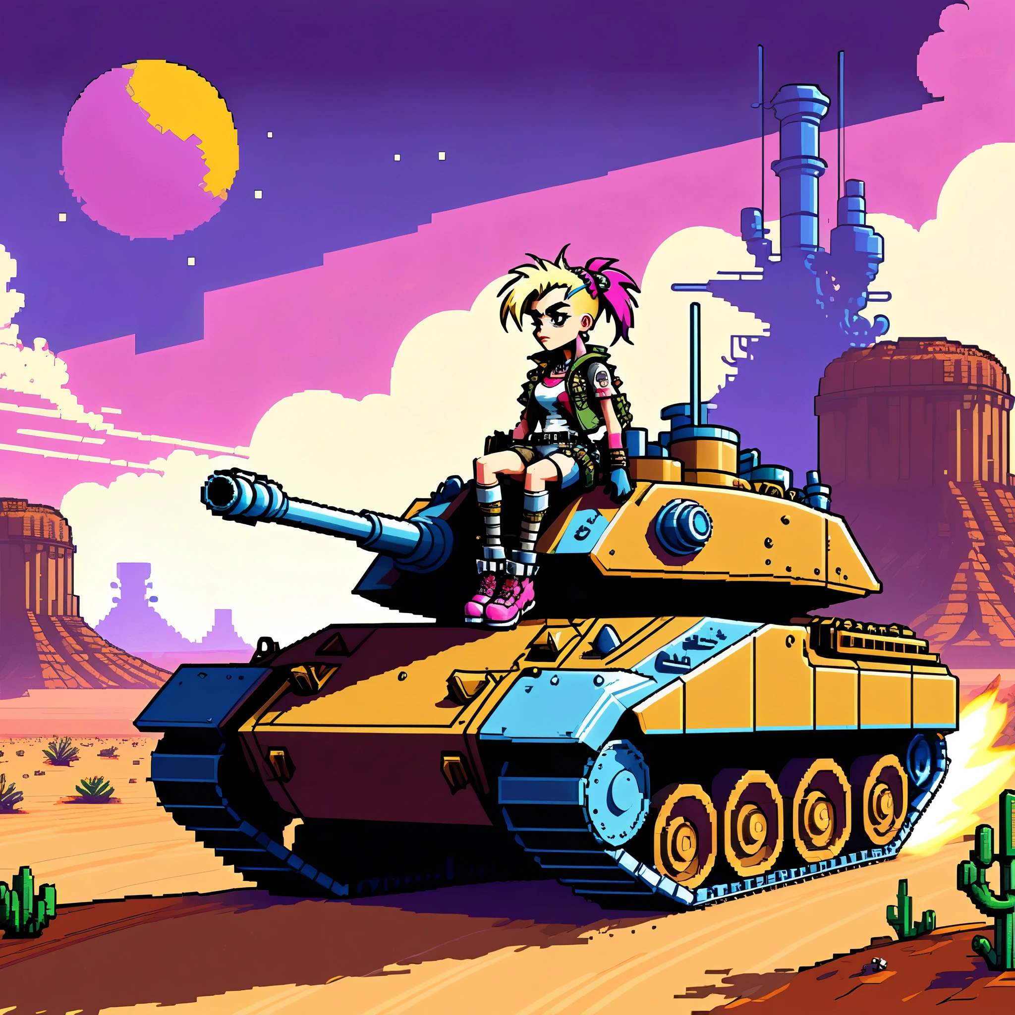 sega dreamcast graphics 2d pixel art videogame still screengrab, polygon low bit vintage classic arcade pixel art gameplay, tank girl, sitting atop an enormous steampunk tank, riding through a desert canyon towards the radiant dusk horizon nautical twilight, dutch angle, brite lite illumination, highly detailed, pixel art hand drawn style retro 2d pixel graphics.  (pixel art with comic influence of Tank Girl aesthetic)

