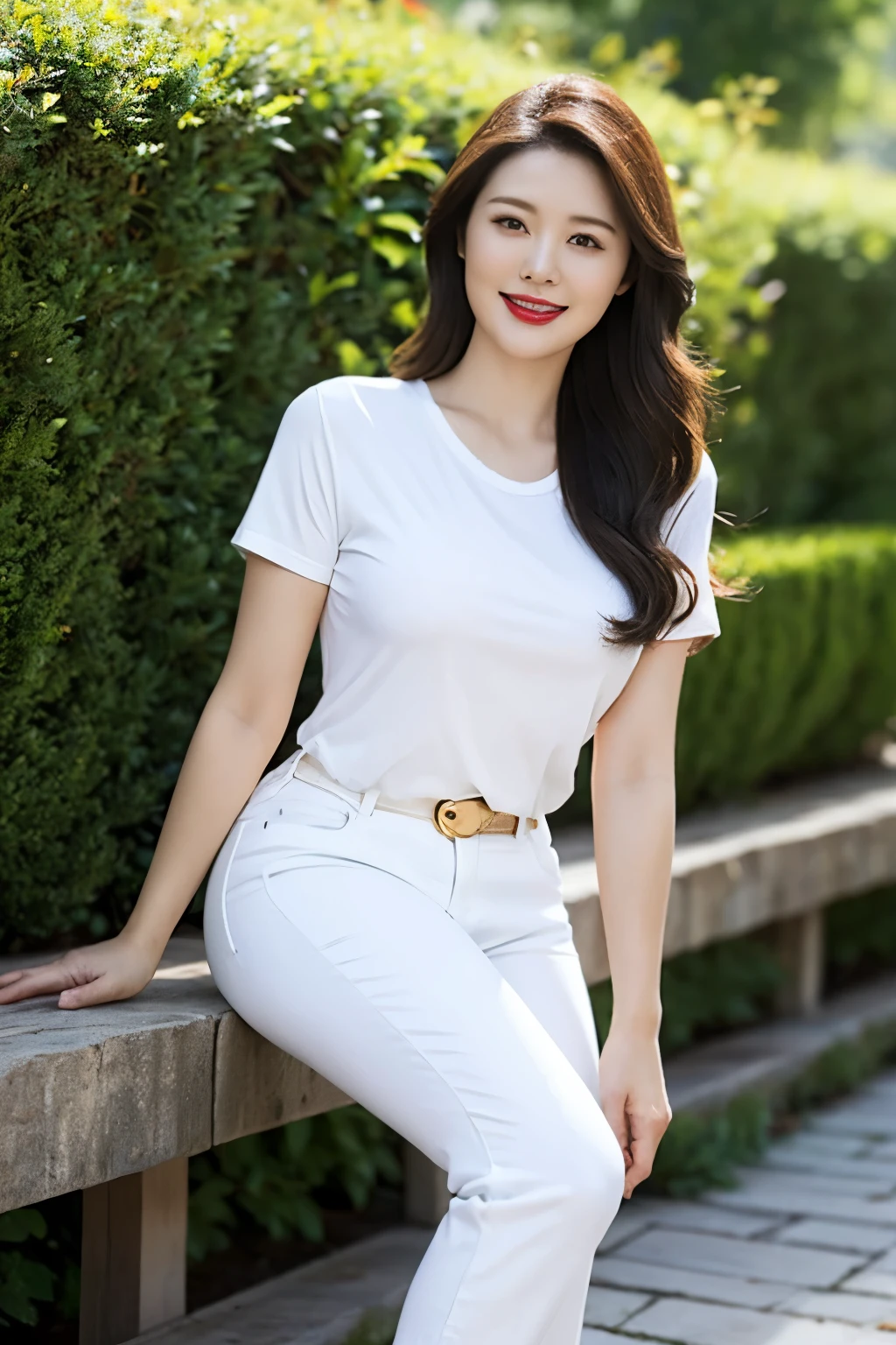 Draw lips correctly, red lipstick, from chest up, best quality, Super detailed, lifelike, Super fine skin, perfect anatomy, (1 日本Mature的女人), (alone),Wear a red crew neck shirt,short sleeves,white jeans,trousers,wavy long hair,37-year-old female,Mature,charming smile,garden background,stand,Leg length,Chubby,Big breasts,stand up,full-body shot