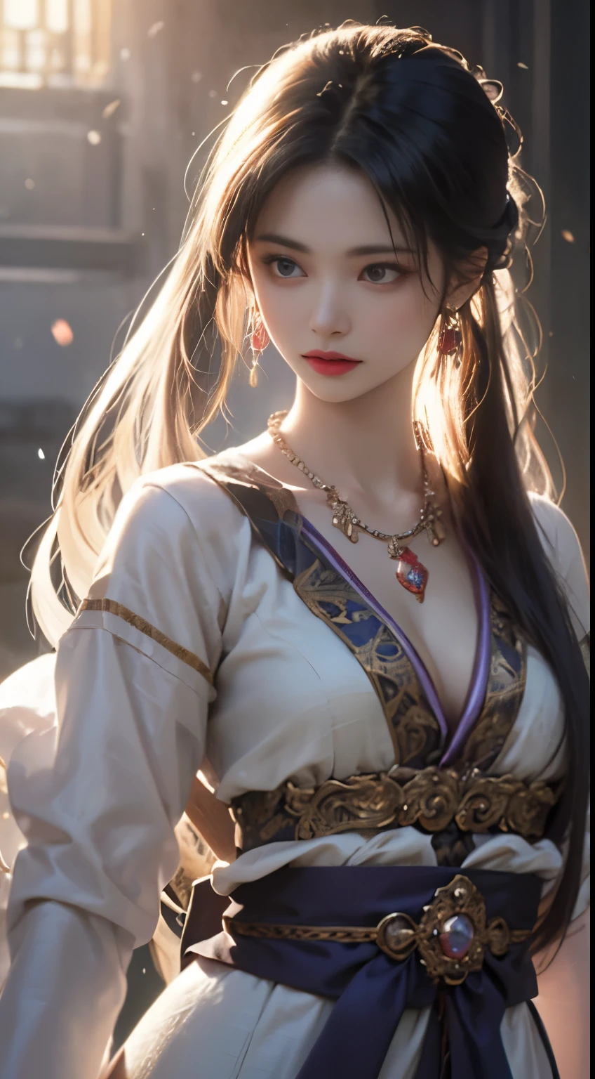 One beautiful girl wearing Han Chinese costume, white light purple silk shirt,Plenty of texture, white lace top, purple platinum long ponytail hair, jewelry, ear jewelry, necklaces and necklaces, Meticulously drawn large purple eyes, detailed makeup, thin eyebrows, high nose, beautiful red lips, no smile, pursed lips, rosy cheeks, wide chest, big breasts, well-proportioned chest, slim waist, purple fishnet socks, chinese hanfu style, fictional art texture, Colors are vivid and true to life, RAW photo, realistic pictures, Super high quality 8K surreal photos, (effective fantasy light effect: 1.8), 10x pixels, magic effect (background): 1.8), hyper detail eyes, Full body portrait of a girl , 中国王室のbackground