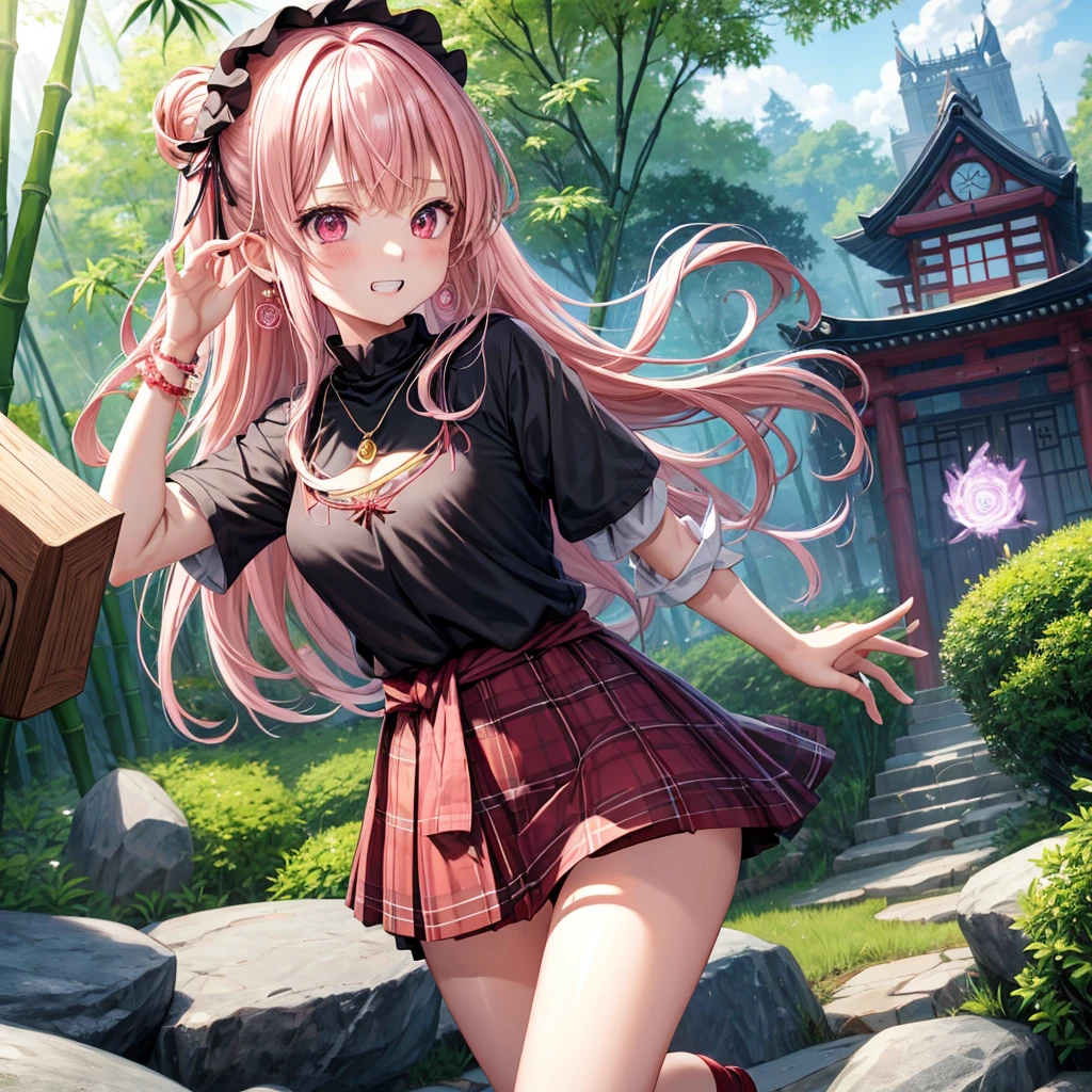 pink blonde、red eyes、one good looking girl、solo、anime、plaid mini skirt、black camisole、black t-shirt、dress、wearing a ribbon、ribbon at waist、cloak、hood、stone slabs are piled up、crystal earrings、monster castle、jewelry necklace、Light and shadow、walking、clock、universe、vine plant、petal、tilting one's face、teeth are visible、spiral stage、fire spirit、book of magic、Cube、bamboo forest