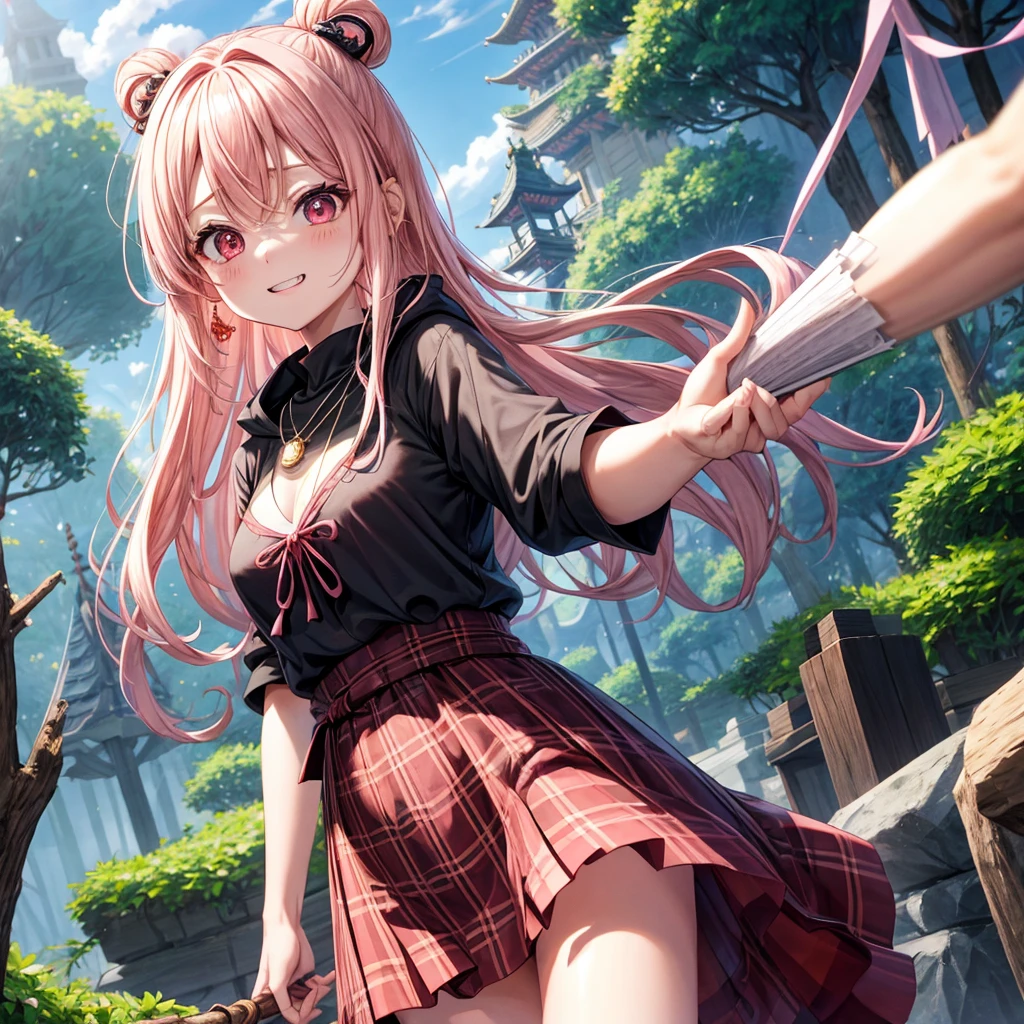 pink blonde、red eyes、one good looking girl、solo、anime、plaid mini skirt、black camisole、black t-shirt、dress、wearing a ribbon、ribbon at waist、cloak、hood、stone slabs are piled up、crystal earrings、monster castle、jewelry necklace、Light and shadow、walking、clock、universe、vine plant、petal、tilting one's face、teeth are visible、spiral stage、fire spirit、book of magic、Cube、bamboo forest