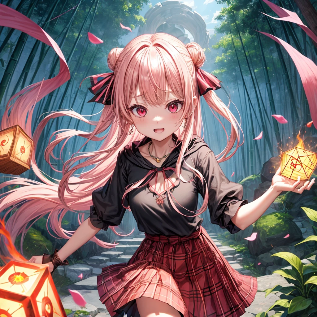 pink blonde、red eyes、one good looking girl、solo、anime、plaid mini skirt、black camisole、black t-shirt、dress、wearing a ribbon、ribbon at waist、cloak、hood、stone slabs are piled up、crystal earrings、monster castle、jewelry necklace、Light and shadow、walking、clock、universe、vine plant、petal、tilting one's face、teeth are visible、spiral stage、fire spirit、book of magic、Cube、bamboo forest