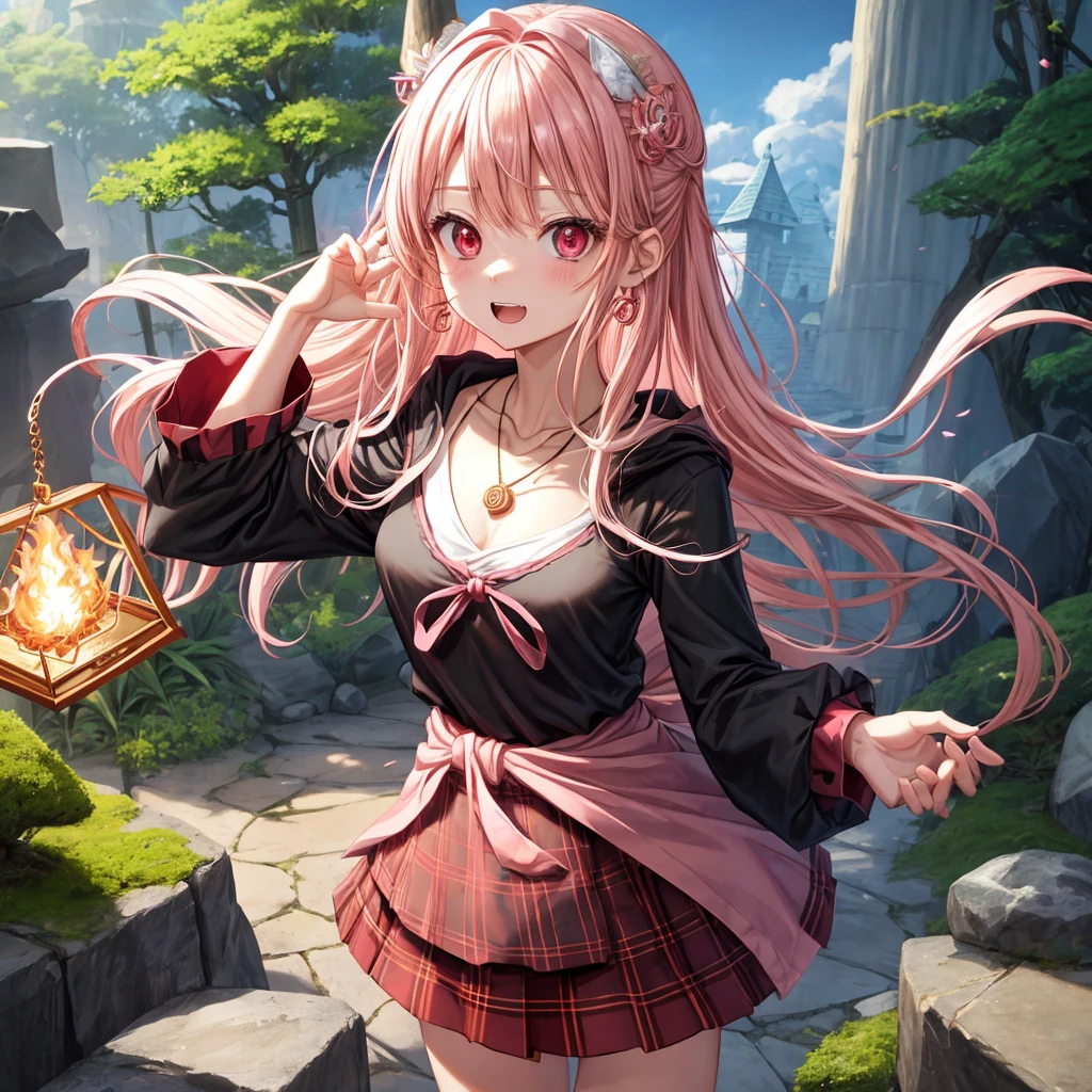 pink blonde、red eyes、one good looking girl、solo、anime、plaid mini skirt、black camisole、black t-shirt、dress、wearing a ribbon、ribbon at waist、cloak、hood、stone slabs are piled up、crystal earrings、monster castle、jewelry necklace、Light and shadow、walking、clock、universe、vine plant、petal、tilting one's face、teeth are visible、spiral stage、fire spirit、book of magic、Cube、bamboo forest