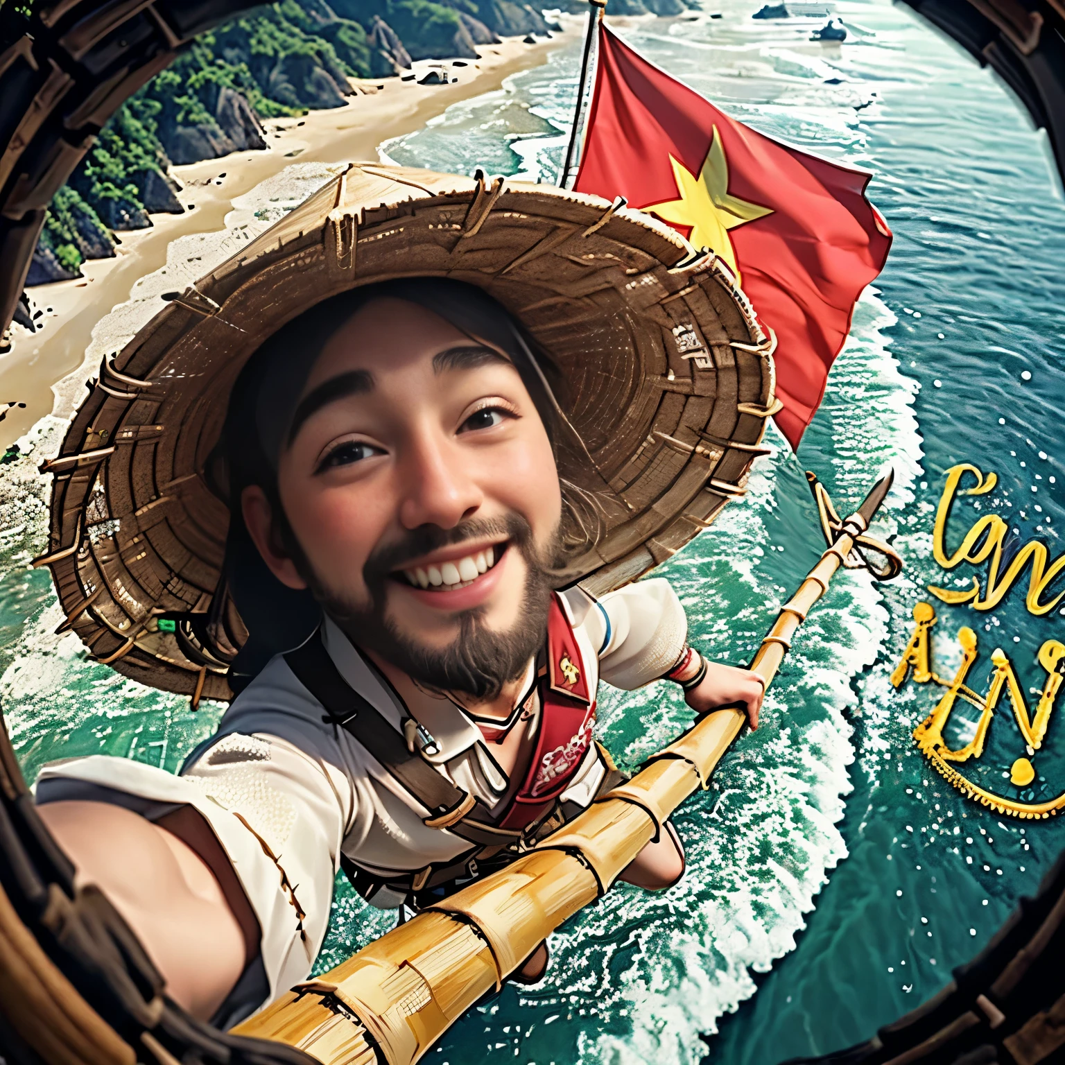 Vietnam flag, 1man, beard, smiling, russian, wears bamboo hat, flying over Muine beach on bamboo stick, from above, cinematic, anatomically correct, official art, unity 8k wallpaper, ultra detailed, masterpiece, best quality,