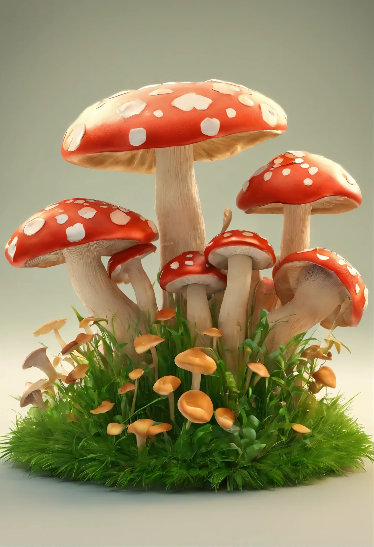 A bouquet of flowers and a group of mushrooms in a round base representing grass