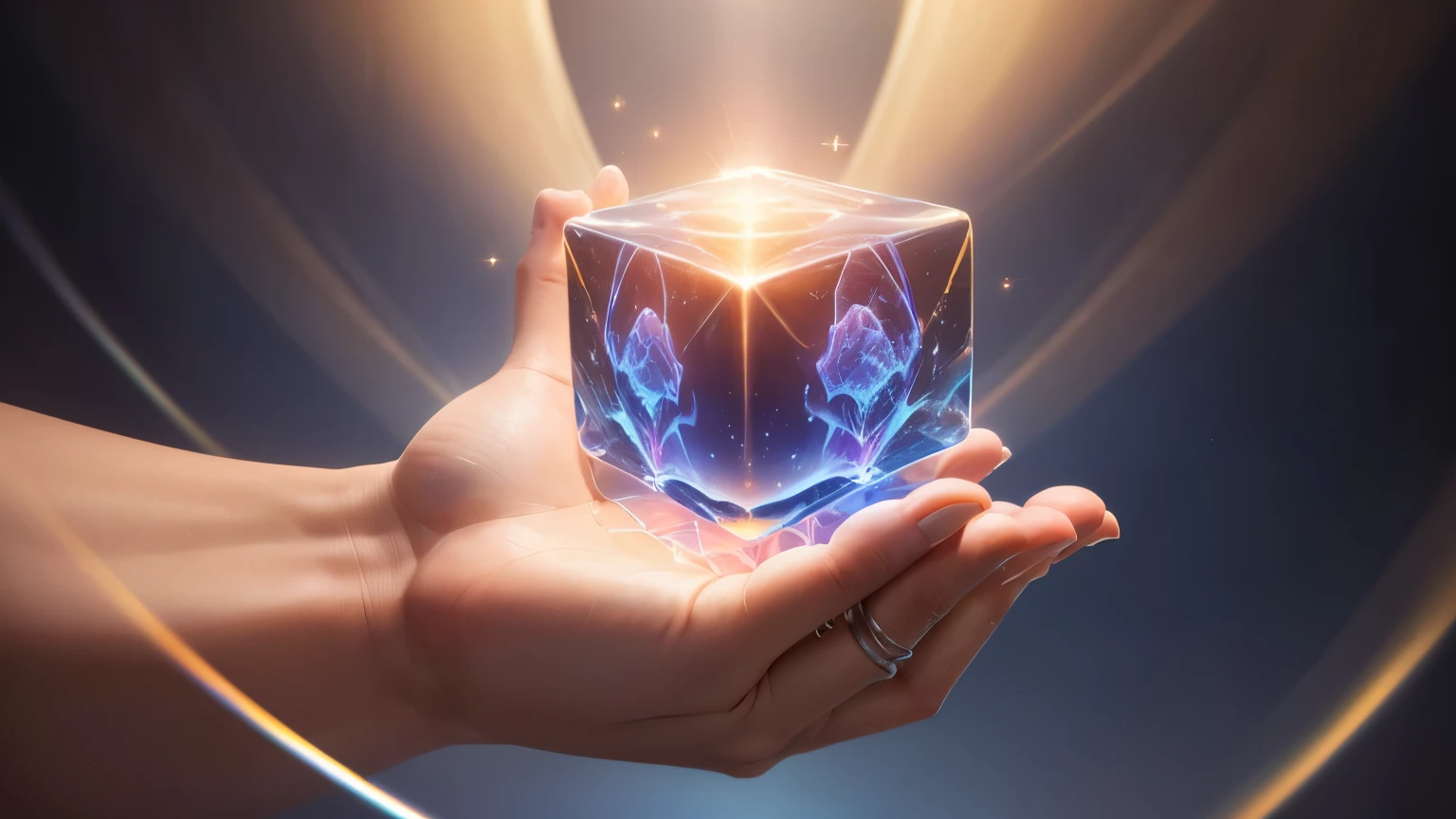 (best quality,highres),(realistic,photo-realistic:1.37),ultra-detailed,unreal future hand reaching forward,transparent background,multiple flowing rays of light on the hand,cube in the center of the palm