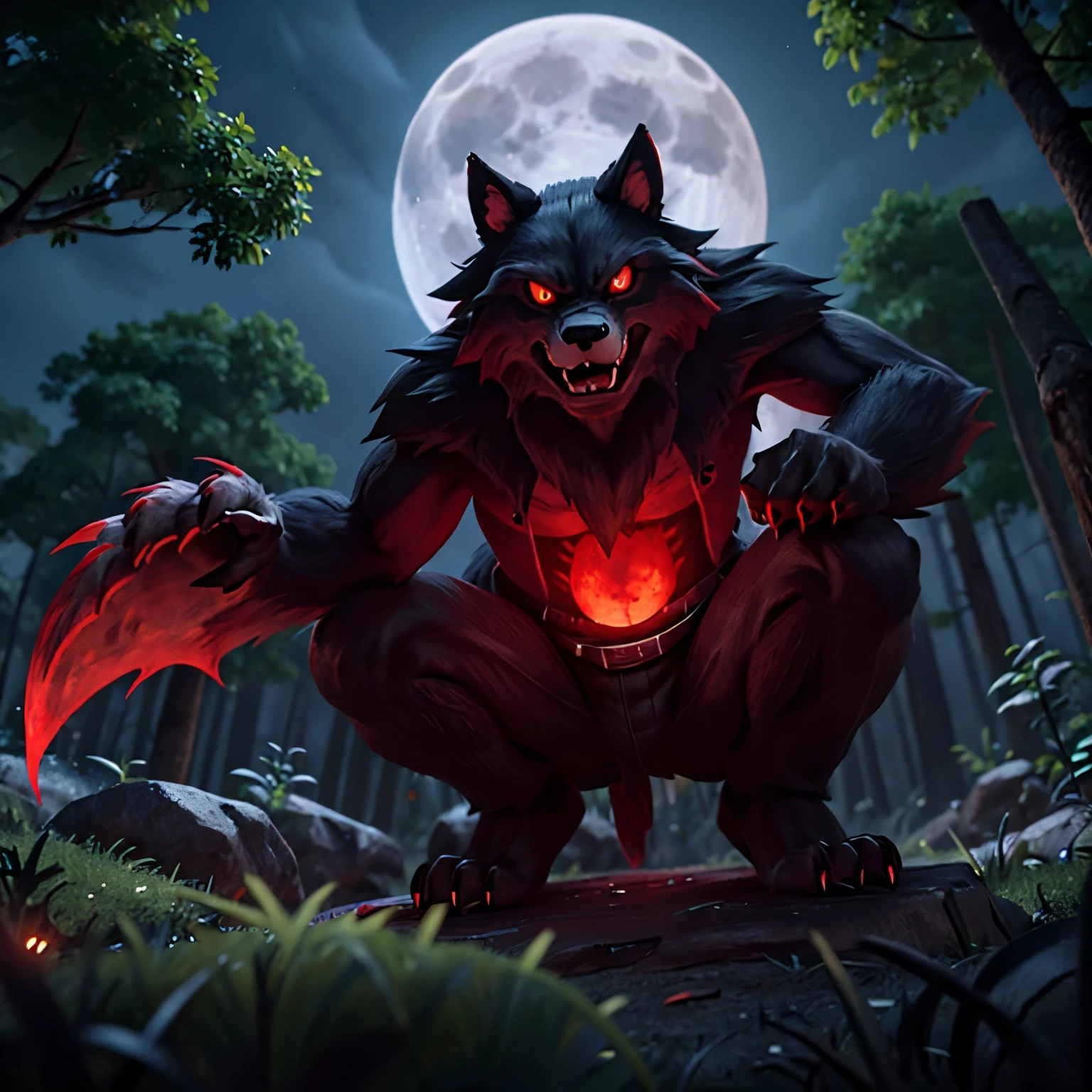 Solo, score_9,score_8_up,score_7_up, anthro wolf, male, dark fantasy style, black fur, bloody fur, messy fur, tattered robes, acolyte robes, chestplate armor, snarling, hood, red tattered cape, midair shot, lunging at viewer, jumping at viewer, claws visible, blood dripping from claws, blood dripping from teeth, bloody teeth, blood dripping from mouth, battlefield in background, night time, partly cloudy, full moon, light trails from eyes, glowing eyes, red eyes, blood stained clothing, blood stained fur