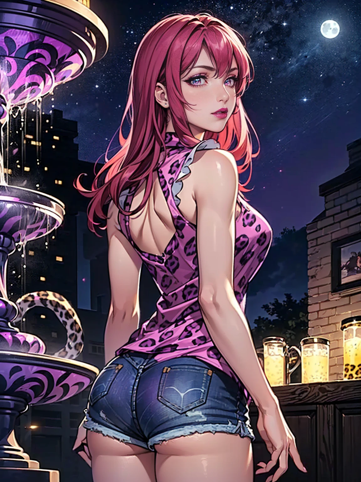 (best quality, ultra-detailed, photorealistic: 1.39), bright and vibrant colors, studio lighting, romantic expression, An effeminate girl, with a delicate and beautiful face. She is a girl who reflects seductive beauty, sparkling eyes, A Beautiful and adult tattooed woman and voluminous curly dark gothic pink hair, hair clip, crying a seductive 2 woman with big breasts seduces, matches the gothic makeup, with her large breasts seduces, Turtleneck sweater, white wool, sleeveless, beautiful sweater dress, sitting, with beautiful legs, ankle boots, with her blue eyes that matches her soft smile, black gothic style, in a beautiful pose demonstrating her seduction on the in the park at night, beautiful event gothic style decoration with lights and fireworks, night with soft lighting, anime style, like a manwha character