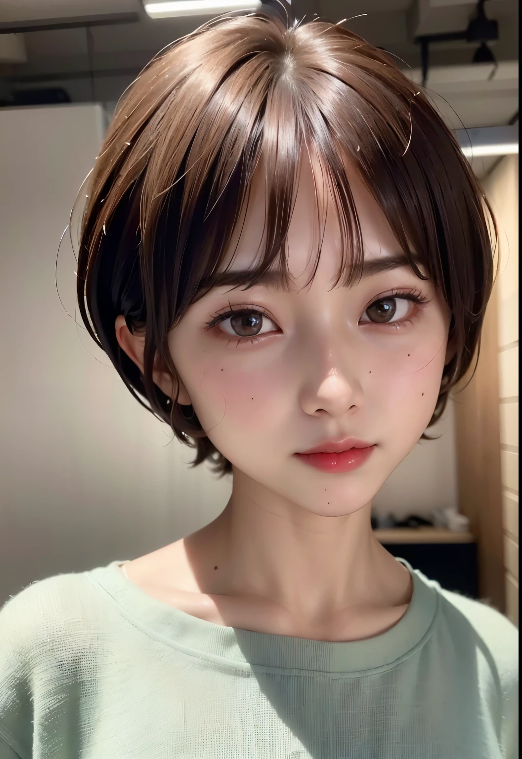 ((highest quality))、(masterpiece:1.4)、Raw photo、8k、((best image quality))、 ((High resolution))、Beautiful face in every detail、realistic human skin、gentle expression、(one woman:1.3 )、realistic、Photoreal、(short hair)、(Beautiful woman)、(cute japanese girl)、(boyish:1.3)、(mannish)、((Beautiful woman))、(beautiful hair)、((dark brown hair))、(((red cheeks)))、((her eyes are big))、20 year old beauty、(her face is small:1.7)、small head、((long neck))、