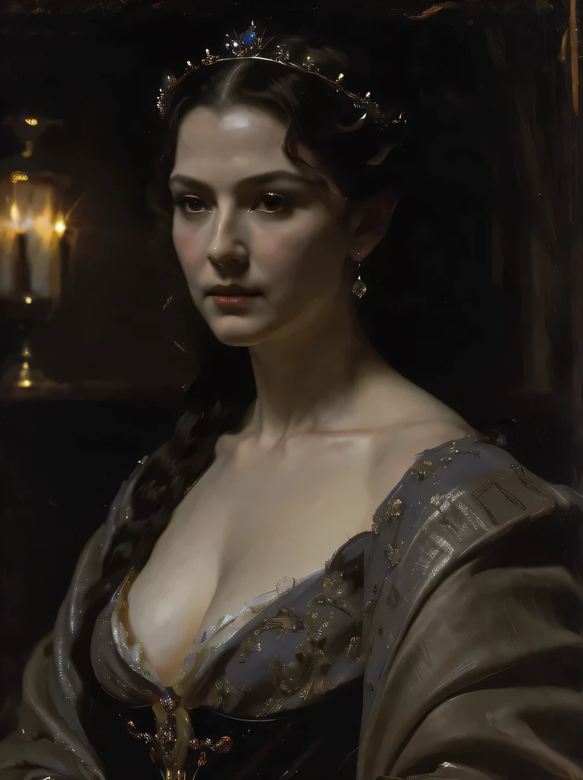 ((masterpiece、highest quality、Super detailed、High resolution、sharp focus、cinematic lighting))、(1 female、bust shot、face light))、Adult woman in her 40s、A stunning portrait of the exiled queen、persephone queen of the dead、lilith、black tone、Mysterious horror、gothic、darkness、pitch black darkness、nothingness、black ghost、immortal soul、Strict atmosphere、majestic atmosphere、There is elegance、dignity、solemnity、Bewitching、jewelry/accessories、ruthless queen of the night、Oil、((view audience))、masterpiece