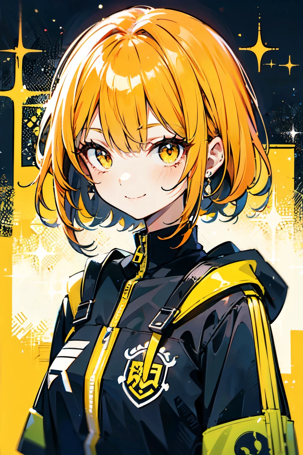 A girl, orange hair, bright yellow eyes, shiny, cute, smiling, upper body