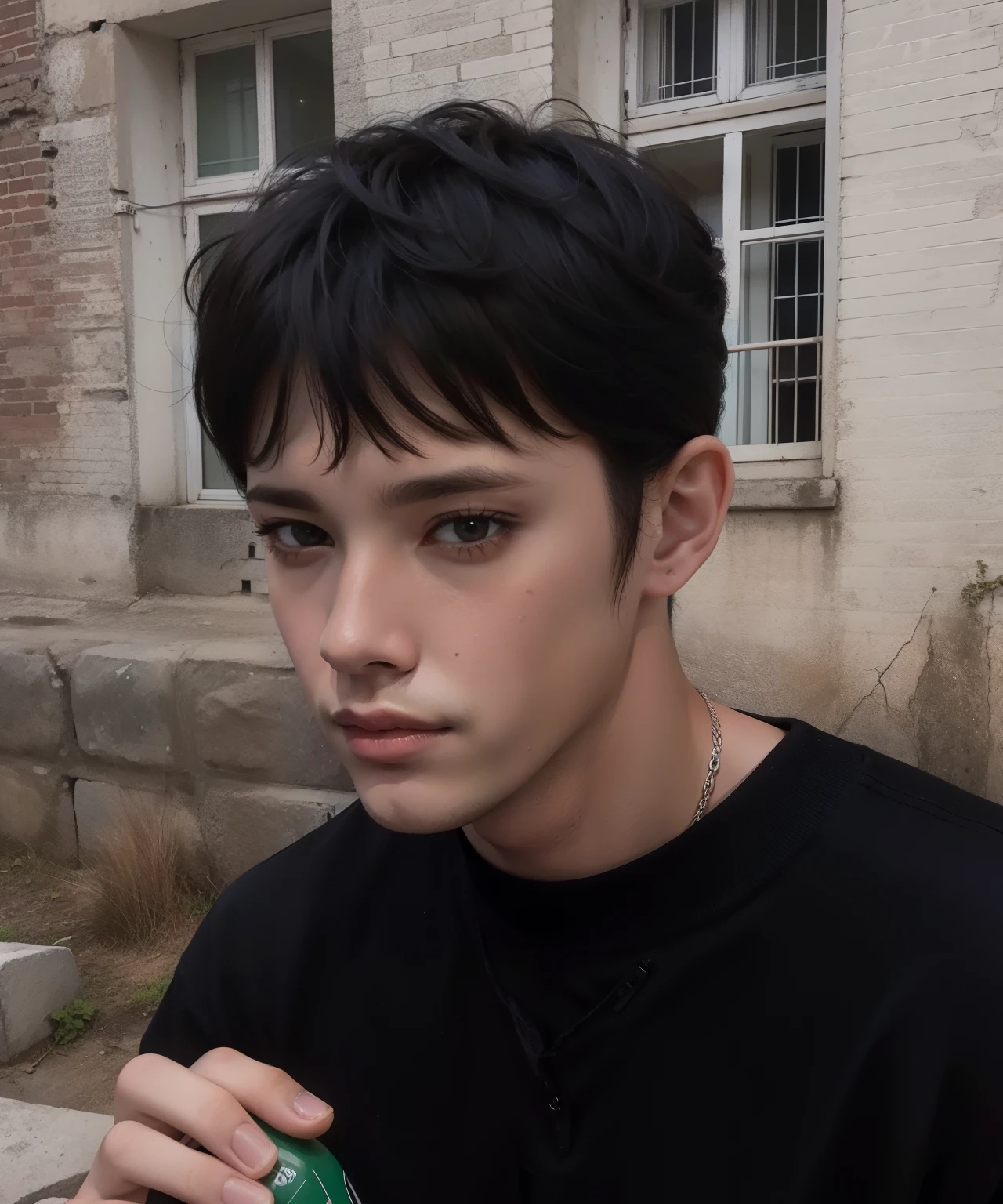 there is a young man holding a bottle of soda in front of a building, tem cabelo preto curto, delicate androgynous prince, rosto perfeito e meninonino de 7 rosto magro, rosto largo barbeado e limpo, very high quality face, um homem bonito,cabelo curto preto, cabelo longo e espetado e macio, androgynous face