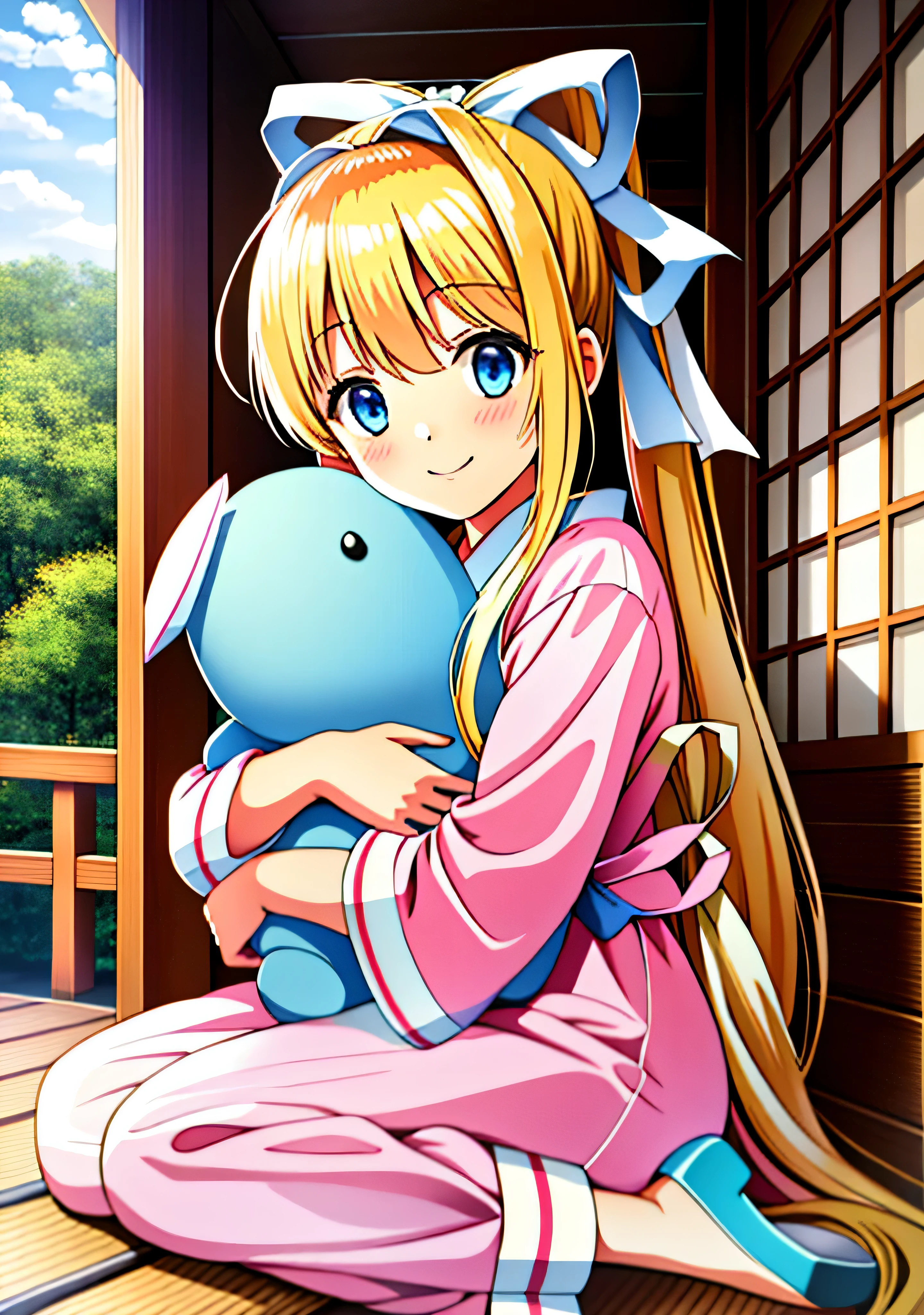 1girl, best quality, hdr, kamio misuzu, AIR, blue eyes, long hair, blonde hair, ponytail, white ribbon on hair, pink pajamas, long sleeves pajamas, pink pajamas pants, shoeless, holding a stuffed toy, stuffed toy on lap, white brontosaurus stuffed toy, looking at viewer, smiling, sitting outside of a traditional japanese house, sitting on veranda, full body, sunny, summer