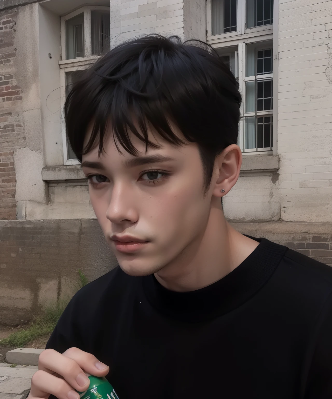 there is a young man holding a bottle of soda in front of a building, menino tem cabelo preto curto, delicate androgynous prince, rosto perfeito e menino, 1 Menino de 7 anos, rosto magro, rosto largo barbeado e limpo, very high quality face, um homem bonito,cabelo curto preto, cabelo longo e espetado e macio, androgynous face