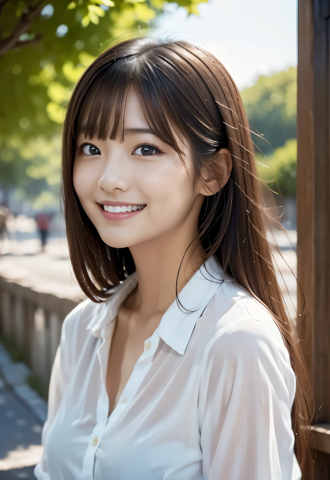 (((morning town:1.3, outdoors, Photographed from the front))), ((long hair:1.3, white shirt, japanese woman, smile,cute)), (clean, natural makeup), (highest quality, masterpiece:1.3, 超High resolution), (Super detailed, caustics), (realistic:1.4, RAW shooting), very detailed, High resolution, 16K resolution