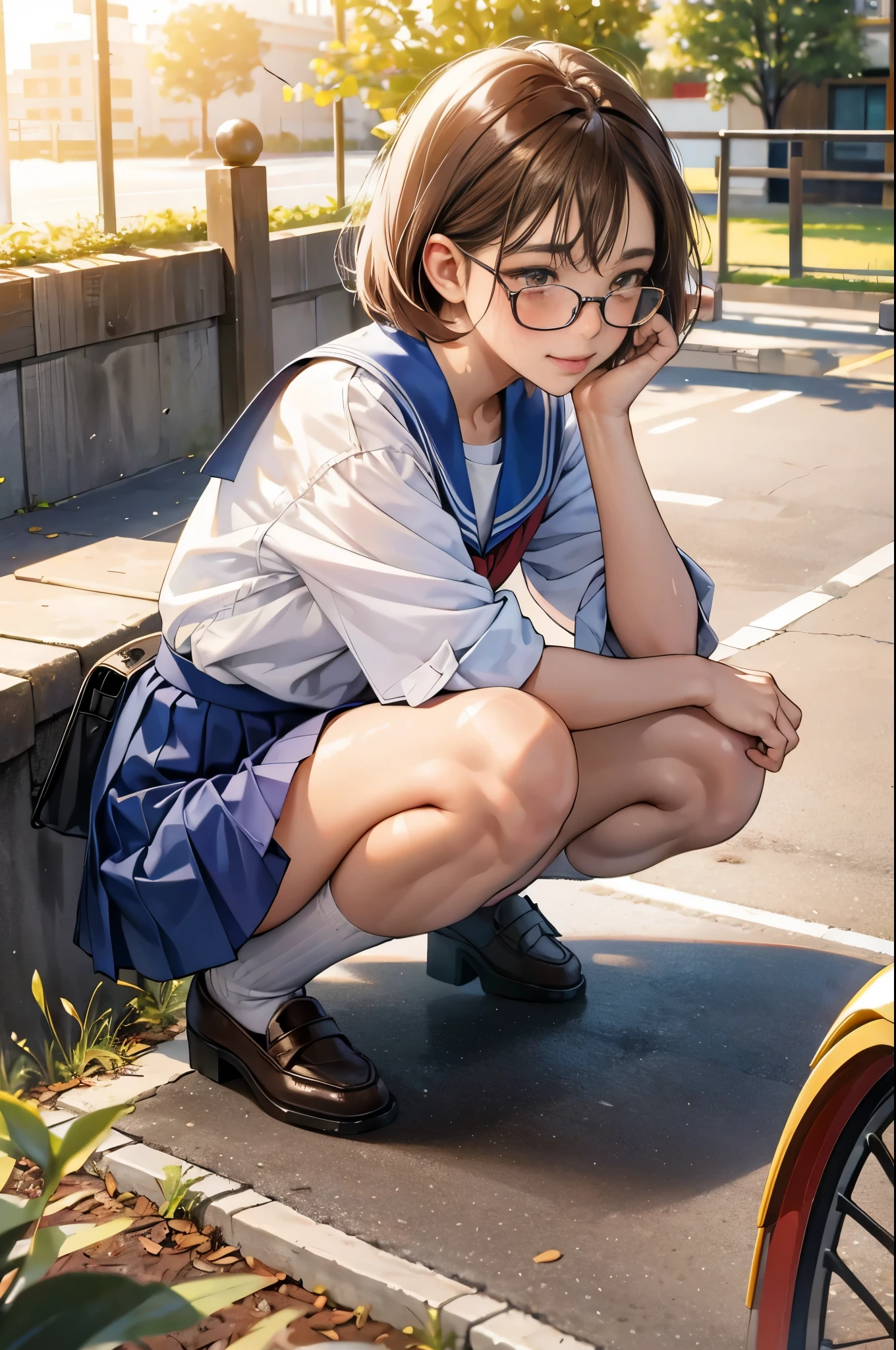 masterpiece, ultra detailed, 8k portrait, (super flat, flat shading), Honors Type, Really blushing, ************, Japanese school girl, Short bob cut light brown hair, red rim Glasses, (((sun burn brown skin))), sweaty healthy body, mesugaki smile, school uniform, bare legs, loafers, ultra realistic, early morning, squatting in crowded street, (((stained panties, pee stain))), cameltoe,